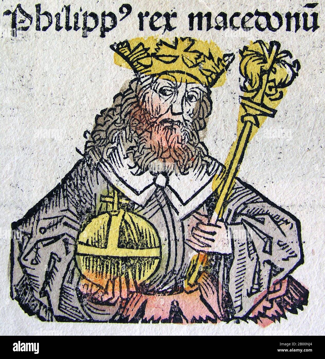 Germany: 'Philip II, King of Macedon'. The Nuremberg Chronicle, by Hartmann Schedel (1440-1514), 1493.  The Nuremberg Chronicle is an illustrated world history. Its structure follows the story of human history as related in the Bible, including the histories of a number of important Western cities. Written in Latin by Hartmann Schedel, with a version in German translation by Georg Alt, it appeared in 1493. It is one of the best-documented early printed books. It is classified as an incunabulum, a book, pamphlet, or broadside that was printed (not handwritten) before the year 1501 in Europe. Stock Photo