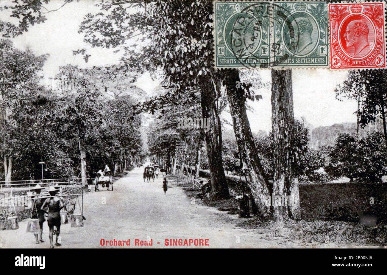 Singapore: Postcard of Orchard Road in the late 19th century.  Singapore hosted a trading post of the East India Company in 1819 with permission from the Sultanate of Johor. The British obtained sovereignty over the island in 1824 and Singapore became one of the British Straits Settlements in 1826. Occupied by the Japanese in World War II, Singapore declared independence, uniting with other former British territories to form Malaysia in 1963, although it was separated from Malaysia two years later. Since then it has had a massive increase in wealth, and is one of the Four Asian Tigers. Stock Photo