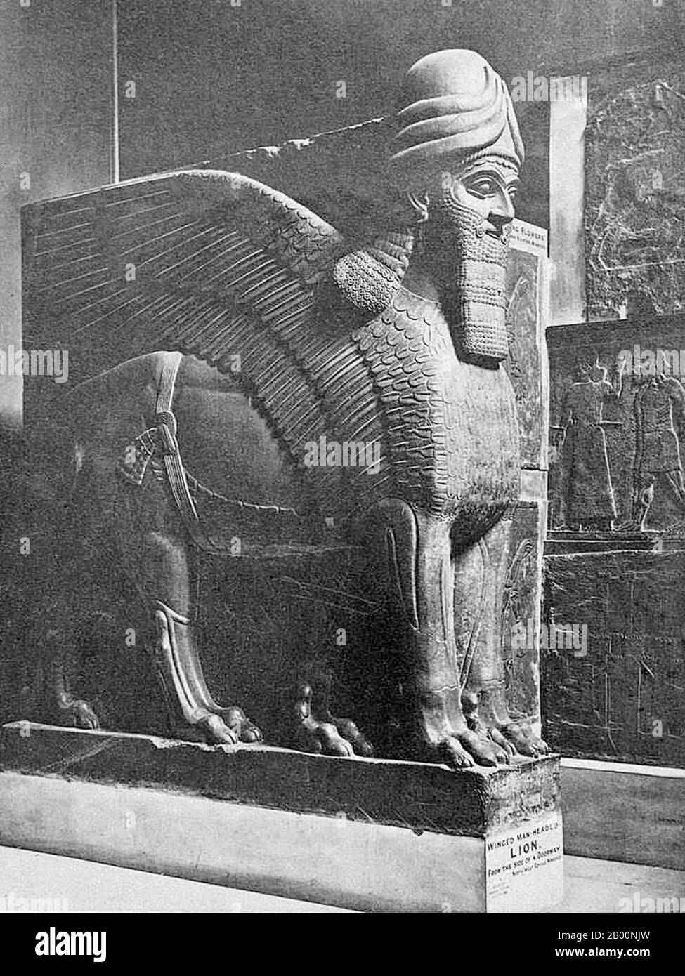 Iraq: Stone portal guardian or Lamassu (mythical winged guardian) from Nimrud, Assyria; statue of a lion with wings and head of a bearded man.  Assyrian king Shalmaneser I ordered the founding of Nimrud, which existed for about 1,000 years as the capital in the 13th century BCE. The city gained fame when king Ashurnasirpal II of Assyria (c. 880 BCE) made it his capital. He built a large palace and temples on the site of an earlier city that had long fallen into ruins. Stock Photo