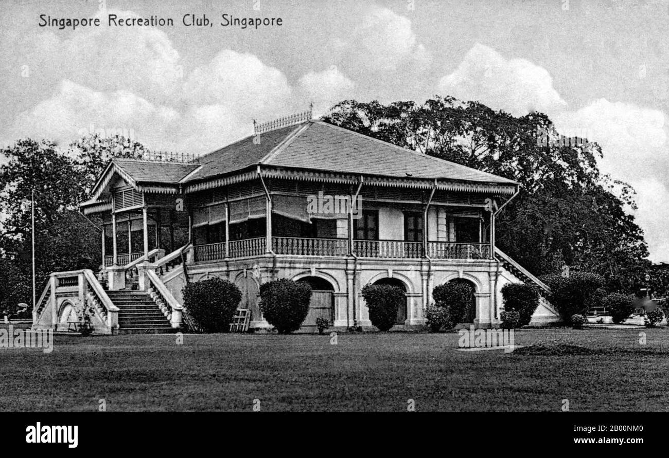 Singapore: Singapore Recreation Club, postcard, early 20th century.  Singapore hosted a trading post of the East India Company in 1819 with permission from the Sultanate of Johor. The British obtained sovereignty over the island in 1824 and Singapore became one of the British Straits Settlements in 1826. Occupied by the Japanese in World War II, Singapore declared independence, uniting with other former British territories to form Malaysia in 1963, although it was separated from Malaysia two years later. Since then it has had a massive increase in wealth, and is one of the Four Asian Tigers. Stock Photo