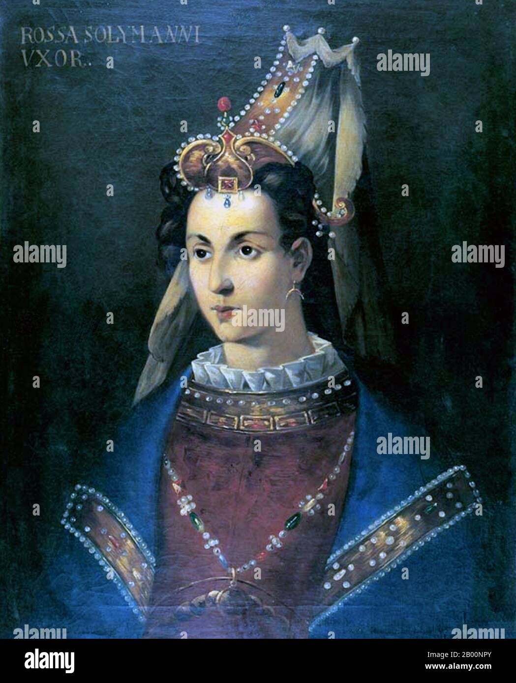 Turkey: 'Suleiman's Wife, Roxelana (500-1558)'. Oil on canvas painting by an anonymous painter,  c. 18th century.  Her Imperial Majesty The Empress consort Hürrem Sultan of the Ottoman Empire or Karima, known to Europeans informally as simply Roxelana (c. 1500–1506 – April 18, 1558) was the wife of Süleyman the Magnificent of the Ottoman Empire. Stock Photo