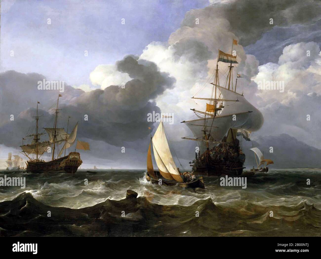 Netherlands: 'A Smalschip with Two Dutch East Indiamen Coming to Anchor'. Oil on canvas painting by Hendrik-Jacobsz Dubbels (1621-1701), c. 1670.  The Dutch East India Company, or VOC, was a chartered company granted a monopoly by the Dutch government to carry out colonial activities in Asia. It was the first multinational corporation in the world and the first company to issue stock. It was also arguably the world's first megacorporation, possessing quasi-governmental powers, including the ability to wage war, imprison and execute convicts, negotiate treaties and establish colonies. Stock Photo