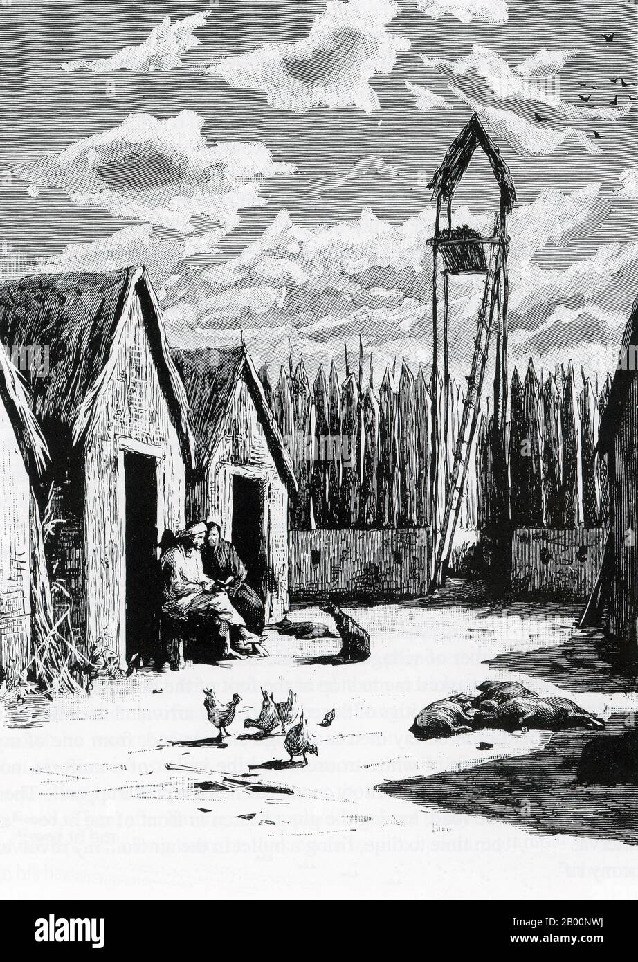 Laos: The huts of the missionaries in Muong Ngan. Engraving by an unknown artist, c. 1882-1884.  Dr Paul Neis undertook a scientific mission to Cochinchina and Laos on behalf of the French Minister of Public Education. He returned to Bangkok by way of Chiang Mai and north Thailand. His mission lasted for 19 months between 1882 and 1884. Stock Photo
