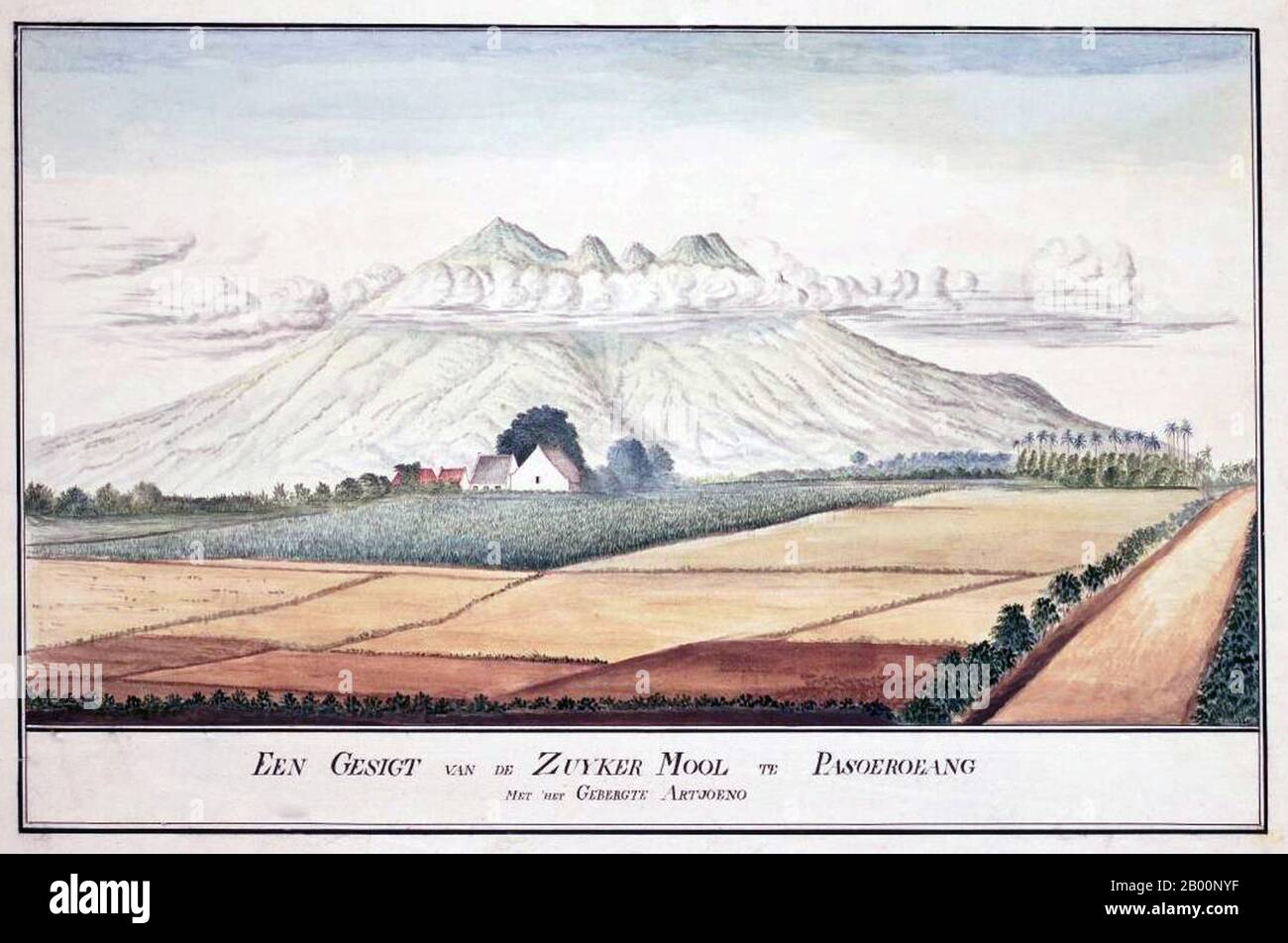 Indonesia: Artjoeno Mountains near Pasoeroean, eastern Java. Watercolour painting by an unknown artist, late 18th century.  Pasuruan or Pasoeroean is a city in eastern Java, Indonesia, on the Madura Strait. Established by the Dutch in 1707, it remains an active seaport. It has shipyards, sugar and rice mills, and various factories. Stock Photo