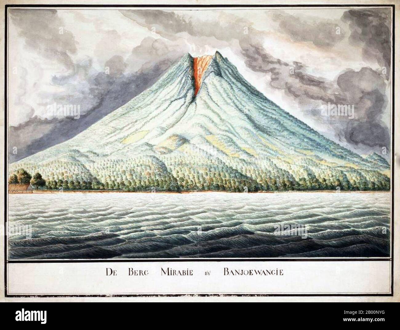 Indonesia: Mount Mirabie in Banyuwangi, eastern Java. Watercolour painting by an unknown artist, late 18th century.  Mount Merapi, Gunung Merapi (literally Fire Mountain in Indonesian/Javanese), is an active stratovolcano located on the border between Central Java and Yogyakarta, Indonesia. It is the most active volcano in Indonesia and has erupted regularly since 1548. It is located approximately 28 km north of Yogyakarta city, and thousands of people live on the flanks of the volcano, with villages as high as 1,700 metres (5,600 ft) above sea level. Stock Photo