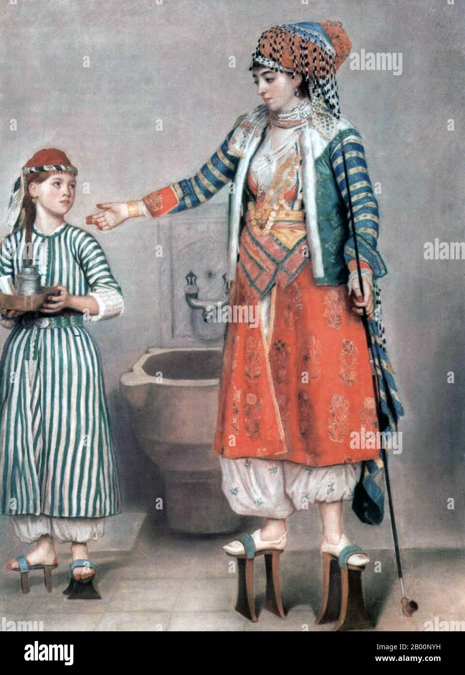 Turkey/Switzerland: 'Ottoman fashion - Turkish lady with maid servant'. Pastel on vellum painting by Jean-Étienne Liotard (1702-1789), 1742-1743.  The clothing of Muslims, Christians, Jews, clergy, tradesmen, state and military officials was strictly regulated during the reign of Suleiman the Magnificent (1494-1566). Political crises of the 17th century were reflected as chaos in fashion. The excessively luxurious compulsion of consumption and pretentiousness in the 'Period of Tulips' lasted until the 19th century. Stock Photo
