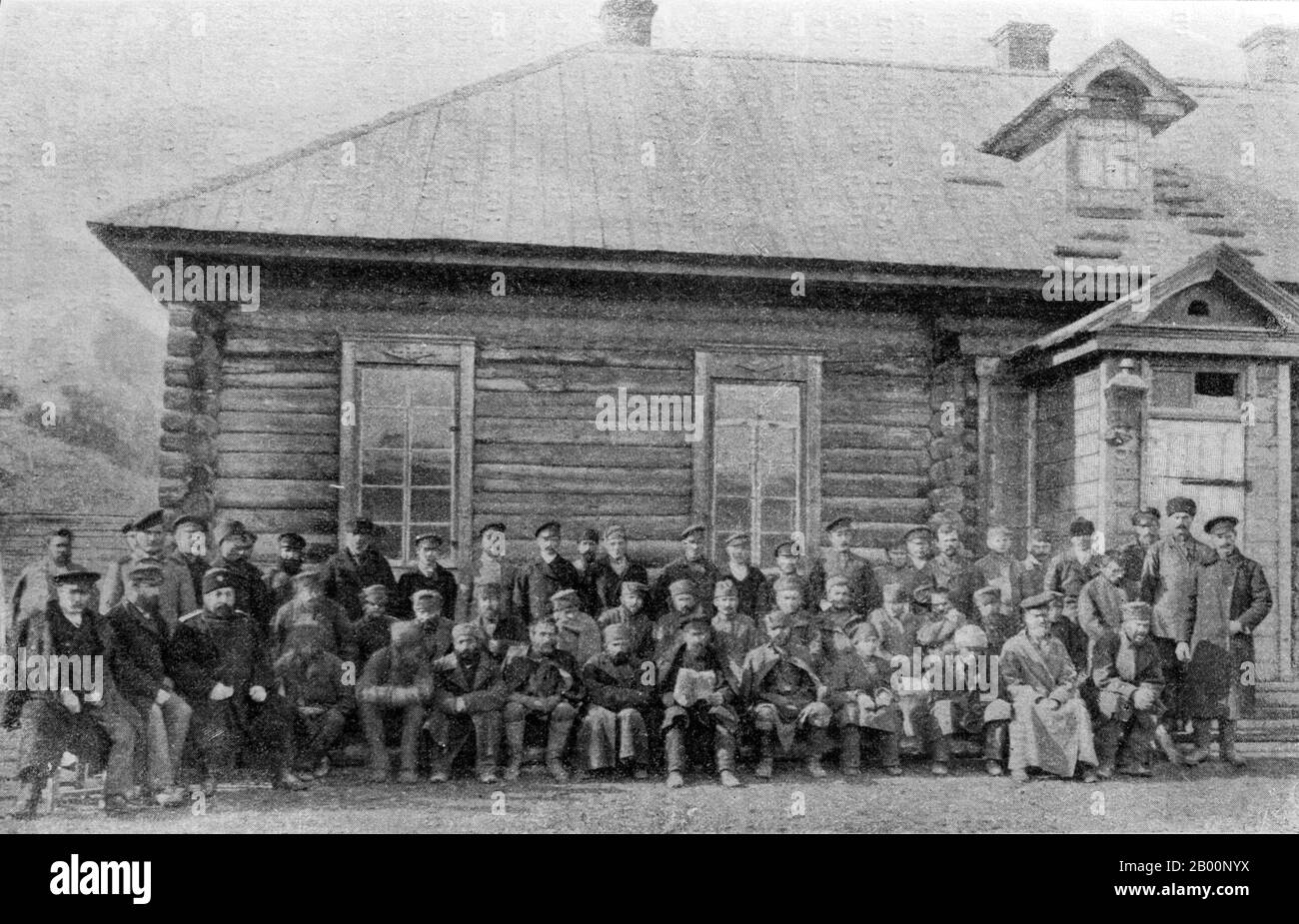 Russia: Russian settlers in Sakhalin. Vlas Mikhailovich Doroshevich, 1905.  Sakhalin, also Saghalien, is a large island in the North Pacific, which is officially part of Russia, administered as part of Sakhalin Oblast. The indigenous peoples of the island are the Sakhalin Ainu, Oroks and Nivkhs. Most Ainu relocated to Hokkaidō when the Japanese were displaced from the island in 1949. Sakhalin was claimed by both Russia and Japan in the course of the 19th and 20th centuries, which led to bitter disputes between the two countries over control of the island. Stock Photo