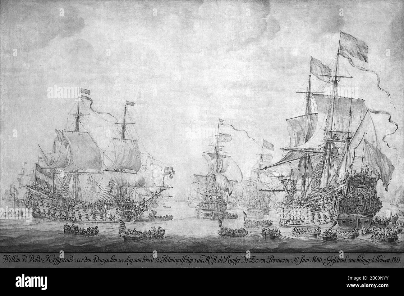 Netherlands: 'Council of War Aboard the 'The Seven Provinces', Flagship of Michiel Adriaensz de Ruyter, 10 June 1666, Preceding the Four Days' Battle'. Ink on canvas painting by Willem van de Velde the Elder (c. 1611-1693), late 17th century.  The Four Days' Battle (1-4 June 1666), also known as the Four Days' Fight, was a naval battle during the Second Anglo-Dutch War. Fought in the southern North Sea, it began off the Flemish coast before ending near the English coast, one of the longest naval engagements in history. It was a Dutch victory, with grievous damage done to the English fleet. Stock Photo