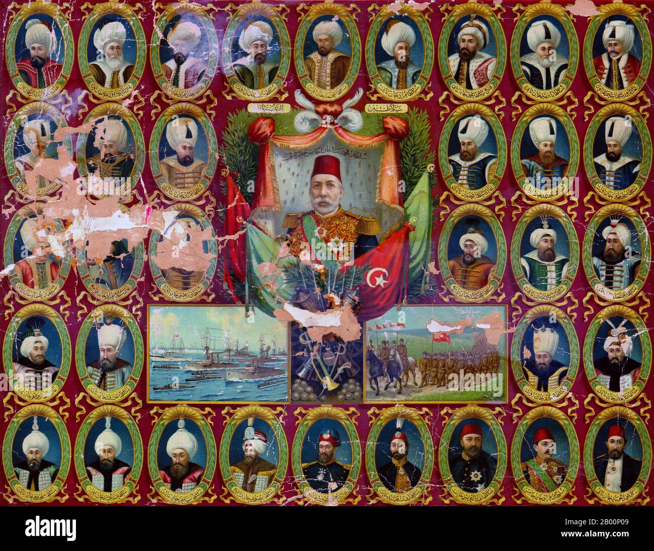 Turkey/Germany: Poster showing Sultans of the Ottoman Dynasty, from Osman I (upper left corner) to Mehmed V (large portrait in the center). Printed in Germany during the reign of Mehmed V (1909–1918).  The Ottoman Empire's power and prestige peaked in the 16th and 17th centuries, particularly during the reign of Suleiman the Magnificent. The empire was often at odds with the Holy Roman Empire in its steady advance towards Central Europe through the Balkans and the southern part of the Polish-Lithuanian Commonwealth. Stock Photo