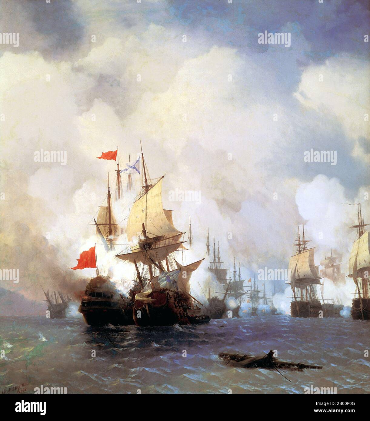 Turkey/Russia: 'Battle of Chios 24 June, 1770'. Oil on canvas painting by Ivan Aivazovsky (1817-1900), 1848.  This painting depicts the duel between the Turkish flagship Real Mustafa and Russian admiral Spiridov’s ship Svyatoy Evstafiy (68). During the boarding action the burning debris of the Turkish ship set the Russian flagship on fire and soon she blew up. The Russian admiral escaped the explosion just minutes before. Ten minutes later Real Mustafa exploded too. The Turkish squadron retreated to the Bay of Chesma only to be destroyed there in the next two days during the Battle of Chesma. Stock Photo