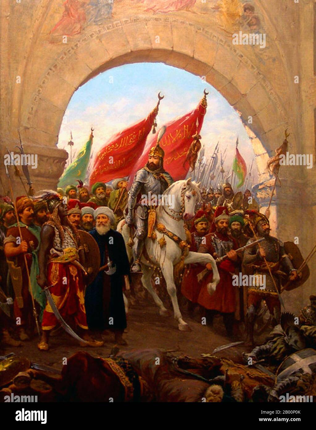Turkey/Italy: 'The Entry of Mahomet II into Constantinople / The Entry of Fatih Sultan Mehmet into Istanbul'. Oil on canvas painting by Fausto Zonaro (1854-1929), late 19th century.  Mehmed II (March 30, 1432 – May 3, 1481) or, in modern Turkish, Fatih Sultan Mehmet; known as Mahomet or Mohammed II in early modern Europe) was Sultan of the Ottoman Empire from 1444 to September 1446, and later from February 1451 to 1481. At the age of 21, he conquered Constantinople, now Istanbul, bringing an end to the Byzantine Empire. Stock Photo