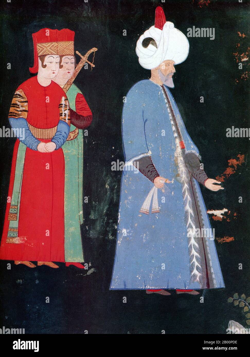 Turkey: Suleiman I (1494-1566), better known as Suleiman the Magnificent. Miniature by an unknown artist, late 16th century.  Suleiman I was the tenth and longest-reigning Sultan of the Ottoman Empire, from 1520 to his death in 1566. He is known in the West as Suleiman the Magnificent and in the East, as the Lawmaker for his complete reconstruction of the Ottoman legal system. Suleiman became a prominent monarch of 16th century Europe, presiding over the apex of the Ottoman Empire's military, political and economic power. Stock Photo