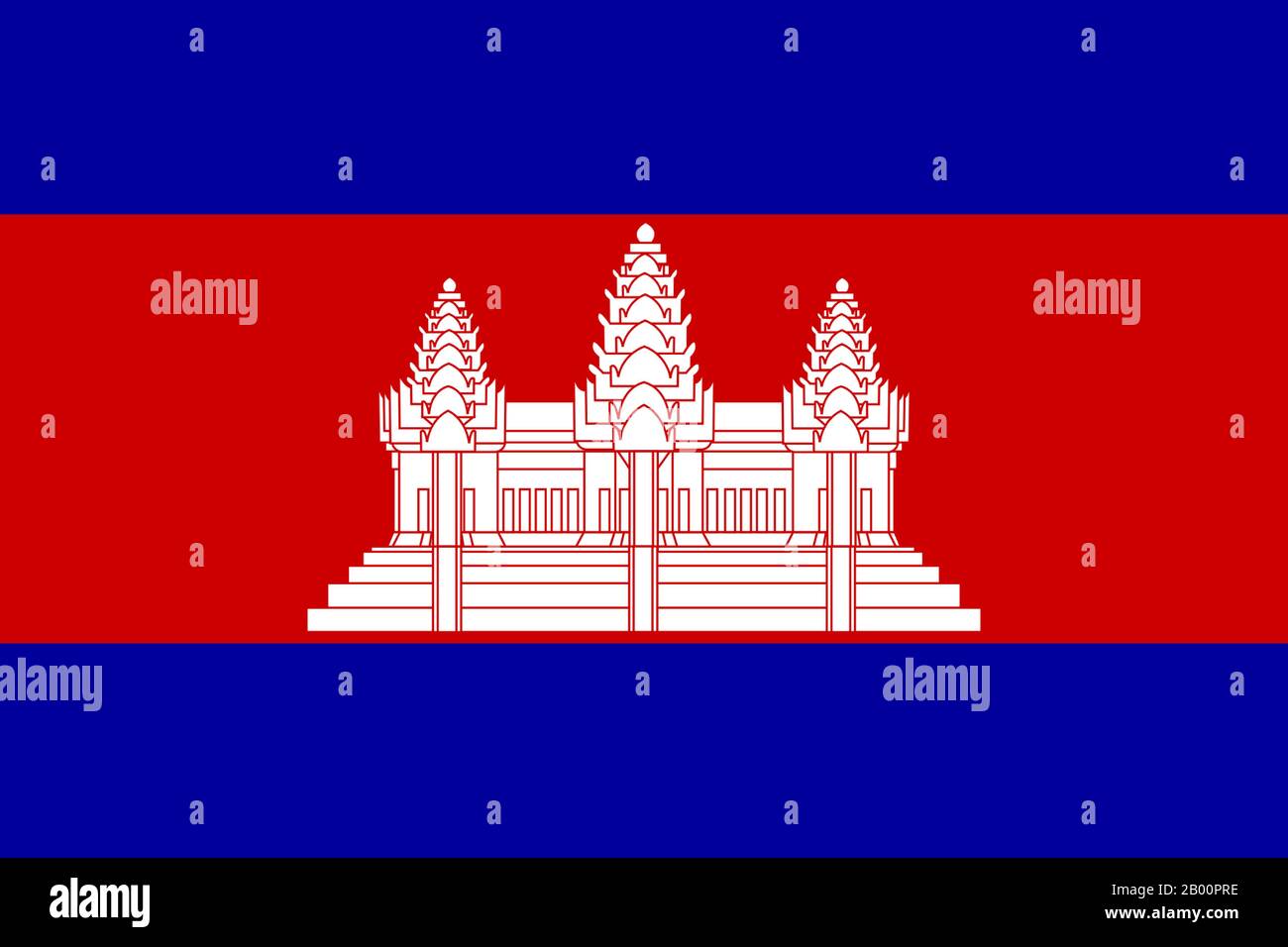 Cambodia: Flag of the Kingdom of Cambodia, 1948-1970, 1993 to the present. Three white towers of Angkor Wat against a red field, with dark blue band top and bottom. Stock Photo