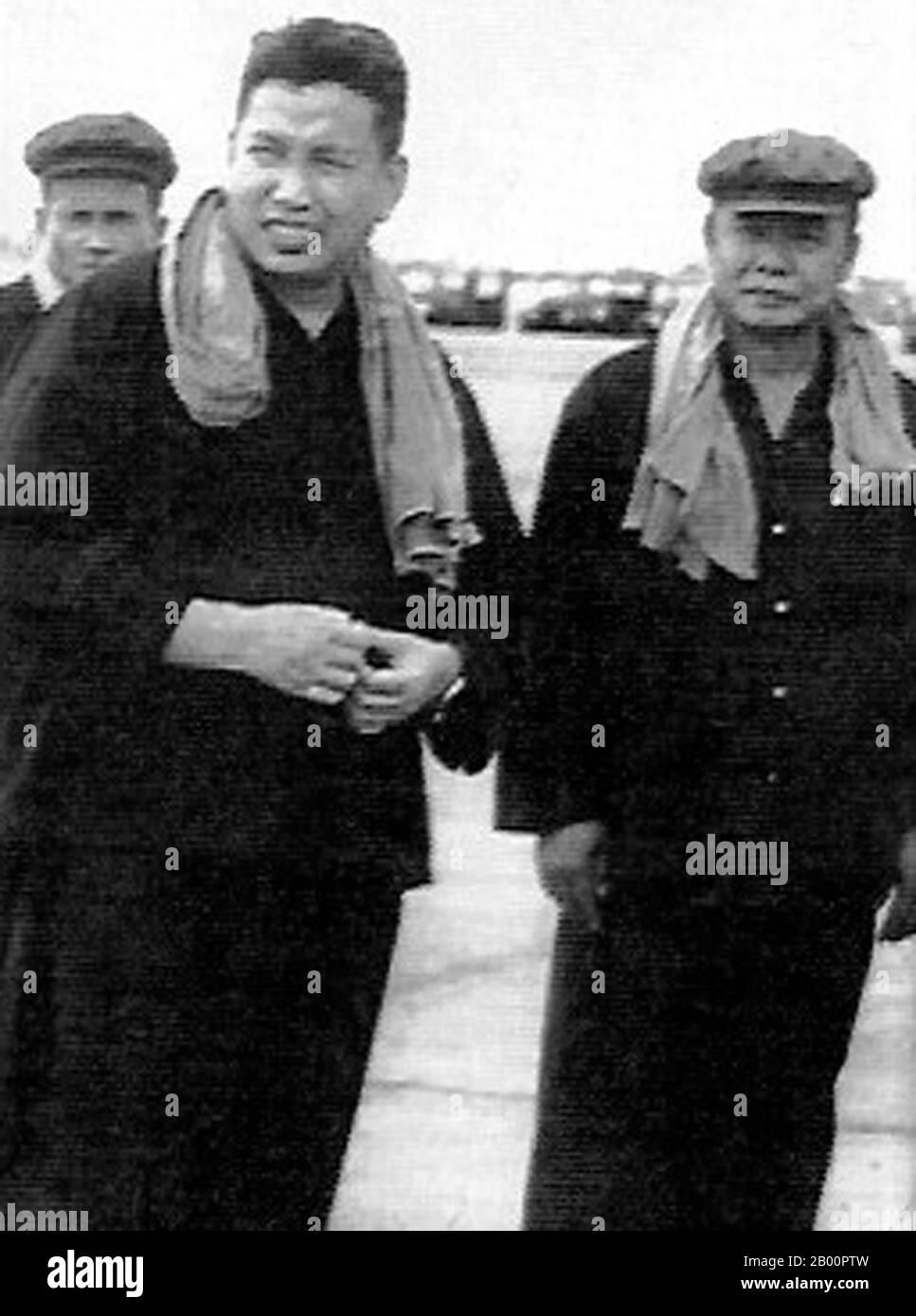 Cambodia: Khmer Rouge leader Pol Pot with Khmer Rouge East Zone commander So Phim.  So Phim (1925? - June 3, 1978) also called Sao Phim Pheum or Sao, aka So Vanna, was Khmer Rouge military commander of the eastern part of Democratic Kampuchea. In 1978, after troops from the eastern region were unable to resist an incursion by the Vietnamese, So Phim was accused of being an ally of Hanoi. A massive purge led by Ke Pauk was ordered in the eastern zone.  Encircled by the forces of Pol Pot, on 3 June 1978 So Phim committed suicide. His wife and children were captured and were all killed. Stock Photo