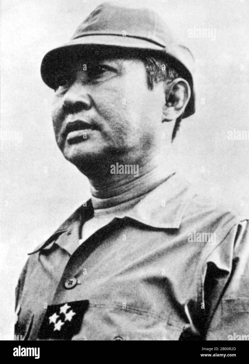Cambodia: General Lon Nol led a military coup against Prince Norodom Sihanouk and became President of the Khmer Republic (1970-1975).  Lon Nol ( November 13, 1913 – November 17, 1985) was a Cambodian politician and soldier who served as Prime Minister of Cambodia twice, as well as serving repeatedly as Defense Minister. He led a military coup against Prince Norodom Sihanouk and became President of the Khmer Republic. Lon Nol fled Cambodiain April, 1975, first settling in Hawaii and then in Fullerton, California. He died on November 17, 1985. Stock Photo