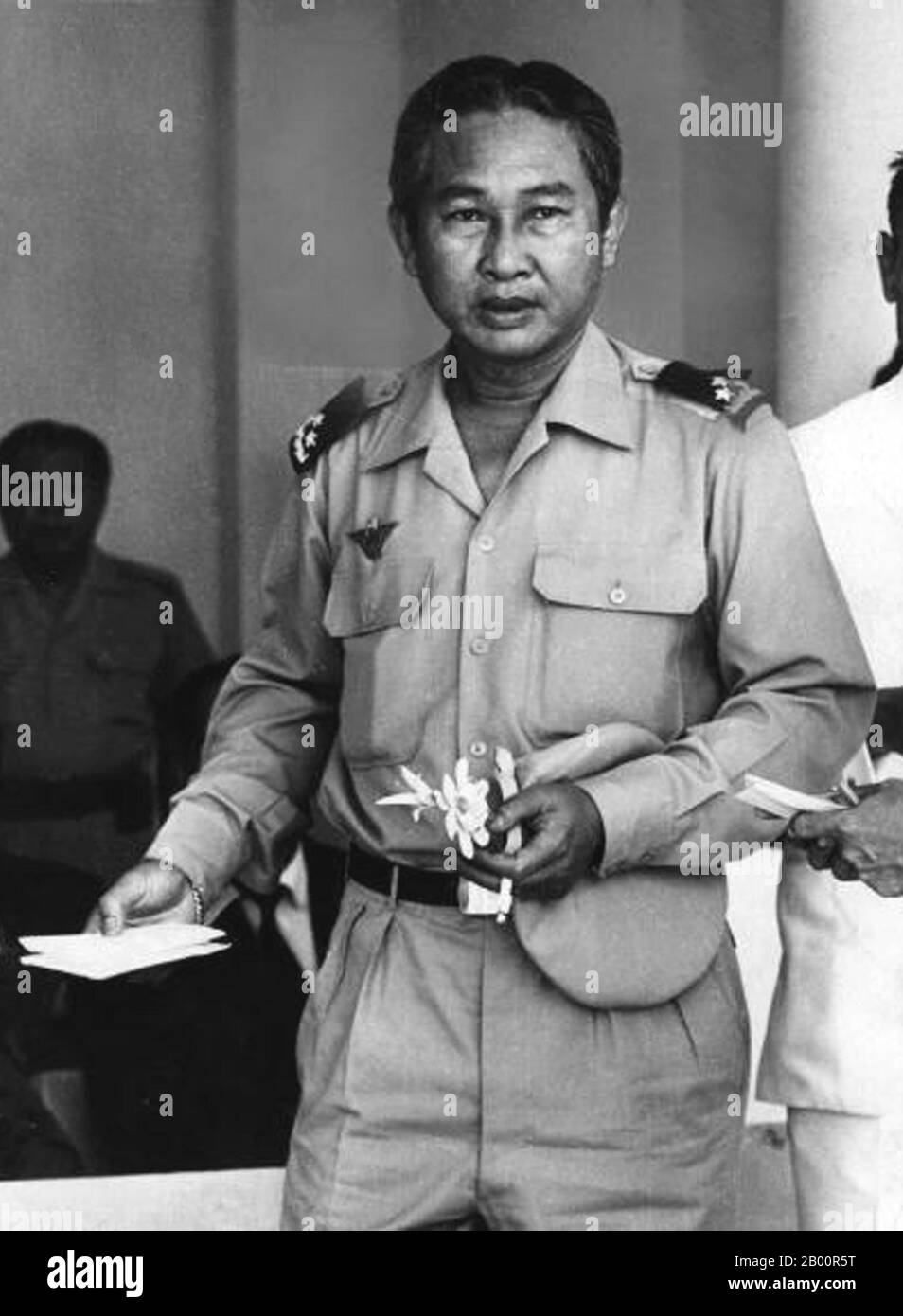 Cambodia: General Lon Nol led a military coup against Prince Norodom Sihanouk and became President of the Khmer Republic (1970-1975).  Lon Nol (November 13, 1913 – November 17, 1985) was a Cambodian politician and soldier  who served as Prime Minister of Cambodia twice, as well as serving repeatedly as Defense Minister. He led a military coup against Prince Norodom Sihanouk and became President of the Khmer Republic. Lon Nol fled Cambodia in April, 1975, first settling in Hawaii and then in Fullerton, California. He died on November 17, 1985. Stock Photo