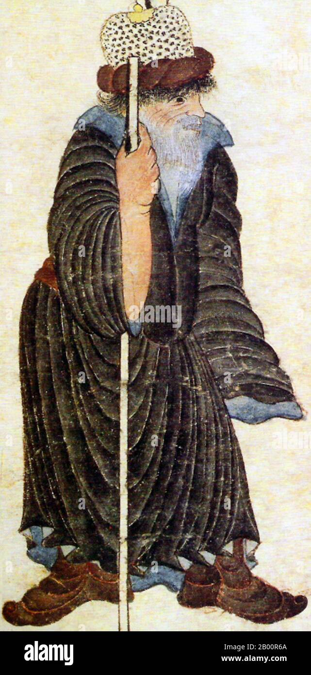 Central Asia: Siyah Kalem School, 15th century: A traveller in robe and hat.  Siyah Kalem or 'Black Pen' is the name given to the 15th century school of painting attributed to Mehmed Siyah Kalem. Nothing is known of his life, but his work indicates that he was of Central Asian Turkic origin, and thoroughly familiar with camp and military life. The paintings appear in the 'Conqueror’s Albums', so named because two portraits of Sultan Mehmed II the Conqueror are present in one of them. The albums are made up of miniatures taken from manuscripts of the 14th, 15th, and early 16th centuries. Stock Photo