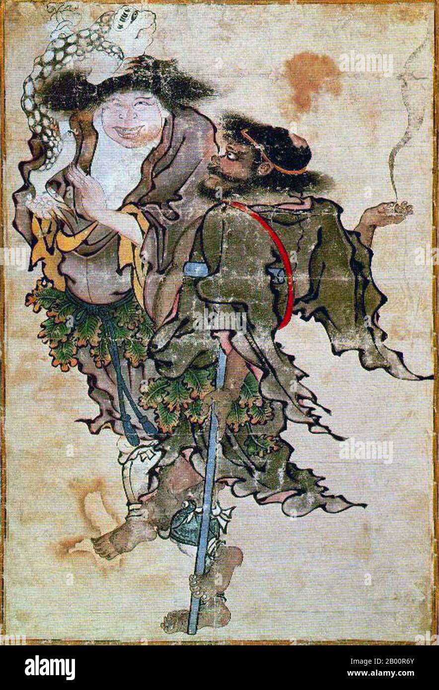 Central Asia: Siyah Kalem School, 15th century: Two Chinese-inspired figures, possibly Daoist immortals.  Siyah Kalem or 'Black Pen' is the name given to the 15th century school of painting attributed to Mehmed Siyah Kalem. Nothing is known of his life, but his work indicates that he was of Central Asian Turkic origin, and thoroughly familiar with camp and military life. The paintings appear in the 'Conqueror’s Albums', so named because two portraits of Sultan Mehmed II the Conqueror are present in one of them. Stock Photo