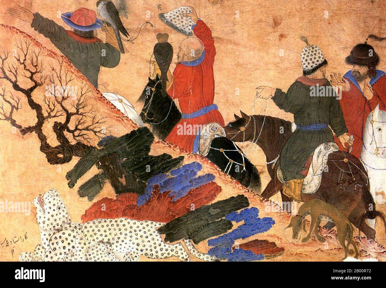 Central Asia: Siyah Kalem School, 15th century: A hunting party with dogs and falcons. a leopard looks on.  Siyah Kalem or 'Black Pen' is the name given to the 15th century school of painting attributed to Mehmed Siyah Kalem. Nothing is known of his life, but his work indicates that he was of Central Asian Turkic origin, and thoroughly familiar with camp and military life. The paintings appear in the 'Conqueror’s Albums', so named because two portraits of Sultan Mehmed II the Conqueror are present in one of them. Stock Photo