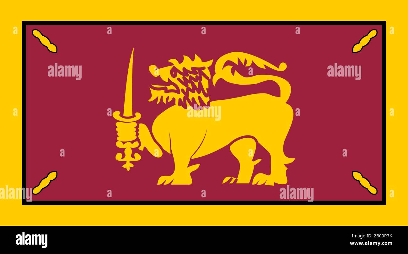 Sri Lanka: Flag of Ceylon between 1948 and 1951.  The Singha or Lion Flag of Ceylon between 1948 and 1951.  Sri Lanka had always been an important port and trading post in the ancient world, and was increasingly frequented by merchant ships from the Middle East, Persia, Burma, Thailand, Malaysia, Indonesia and other parts of Southeast Asia. The islands were known to the first European explorers of South Asia and settled by many groups of Arab and Malay merchants. Stock Photo