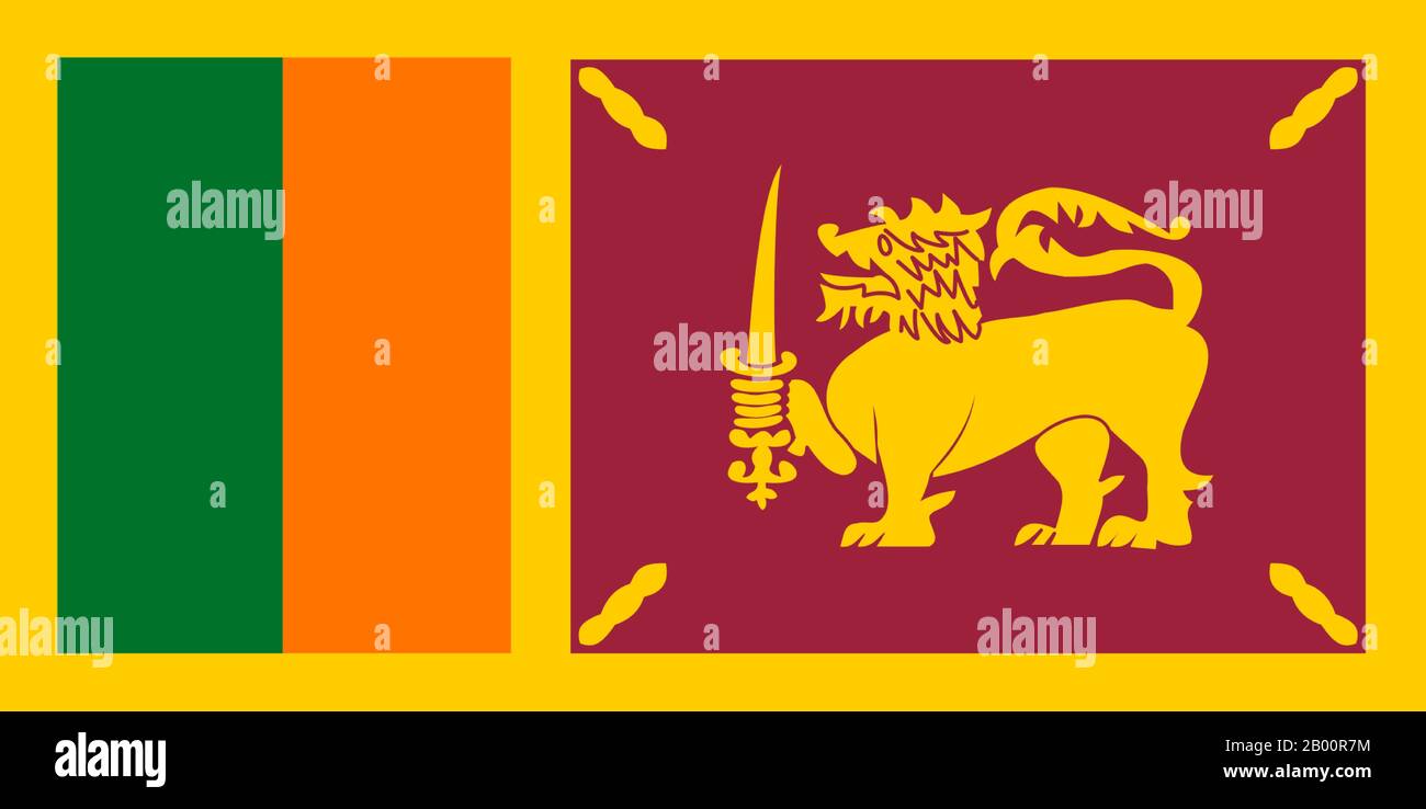 Sri Lanka: Flag of Ceylon between 1951 and 1972.  The Flag of Sri Lanka, also called the Lion Flag, consists of a gold lion, holding a sword in its right fore paw, in front of a crimson background.  Sri Lanka had always been an important port and trading post in the ancient world, and was increasingly frequented by merchant ships from the Middle East, Persia, Burma, Thailand, Malaysia, Indonesia and other parts of Southeast Asia. The islands were known to the first European explorers of South Asia and settled by many groups of Arab and Malay merchants. Stock Photo