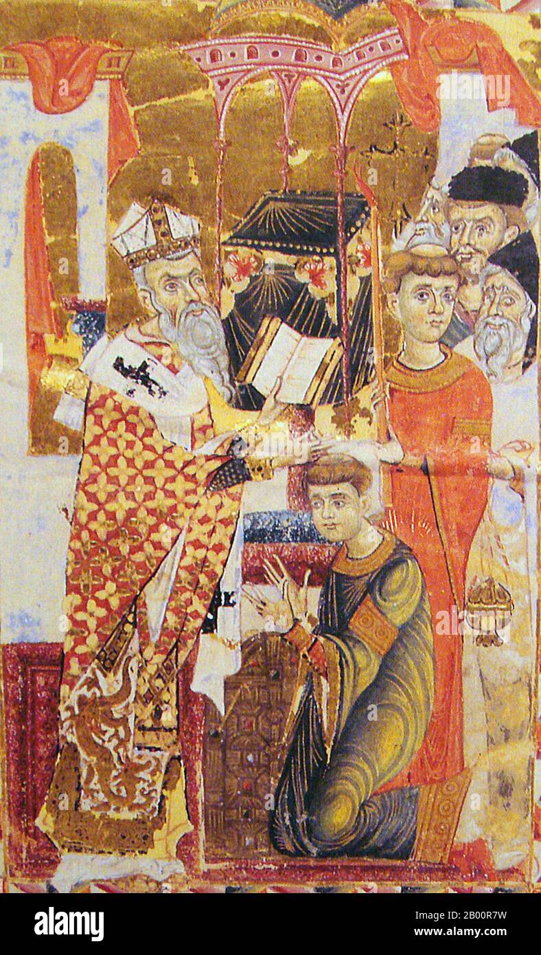 Armenia: Archbishop Jean of Cilician Armenia, depicted in a painting from 1287 CE.  In this illumination by an unknown Armenian artist, Archbishop Jean, also known as Archbishop John, stands on a carpet indicating his holiness. On his robe is the motif of a dragon, an indication of the thriving trade between Armenians and Mongols in the late 13th century.  The Christian Armenians entered into agreements with the Mongol Empire (primarily the Ilkhanate) from the 1240s to around 1320. Some historians refer to this relationship as an alliance, while others refer to it as vassalage,. Stock Photo