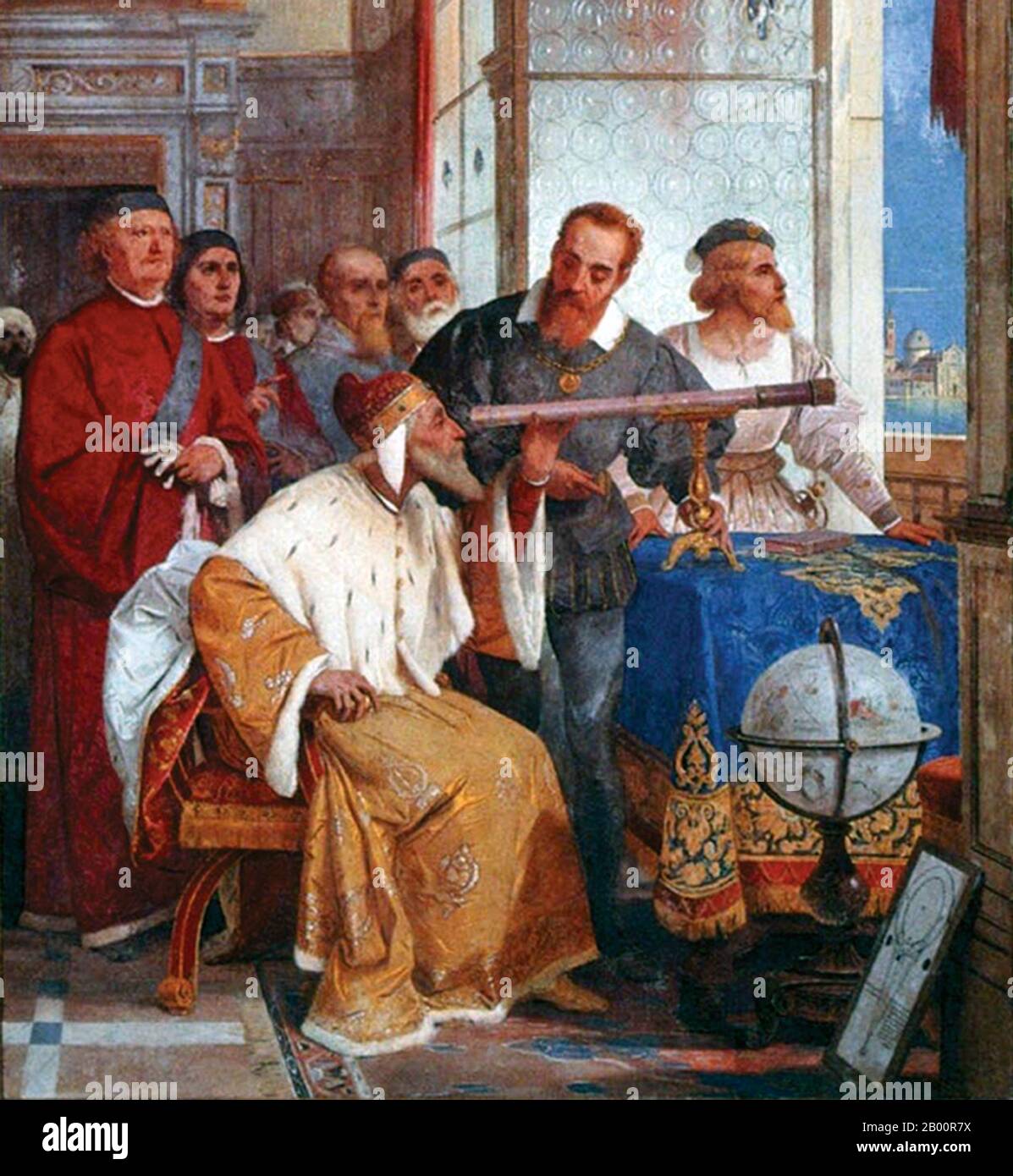 Italy: 'Galileo Galilei showing the Doge of Venice how to use the telescope'. Fresco by Giuseppe Bertini (1825-1898), 1858.  Galileo Galilei (15 Feb. 1564—8 Jan. 1642) was an Italian physicist, mathematician, philosopher and astronomer who played a pivotal role in establishing modern science at a time when contradiction of religion was considered heresy.  It was as an astronomer that he was most controversial. Galileo developed telescopes that confirmed the phases of Venus, and the discovery of the four largest satellites of Jupiter (named the Galilean moons in his honour), as well as sunspots Stock Photo