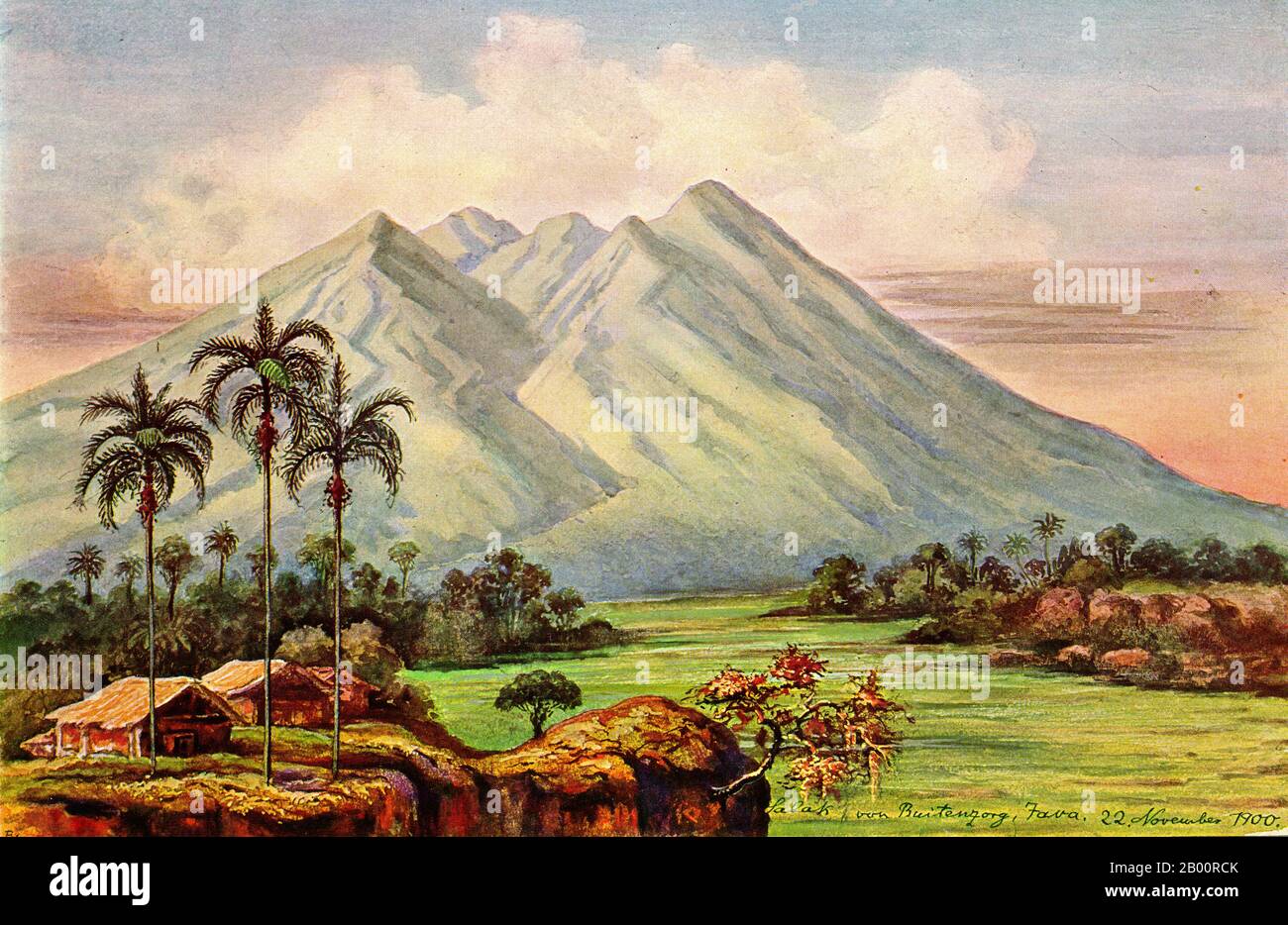 Indonesia/Germany: 'Salak Volcano, near Bogor, Java'. Watercolour painting by the German scientist and traveller Ernst Haeckel (1834-1919), 1900.  Ernst Heinrich Philipp August Haeckel (February 16, 1834 – August 9, 1919), also written von Haeckel, was an eminent German biologist, naturalist, philosopher, physician, professor and artist who discovered, described and named thousands of new species, mapped a genealogical tree relating all life forms, and coined many terms in biology, including anthropogeny, ecology, phylum, phylogeny, and the kingdom Protista. Stock Photo