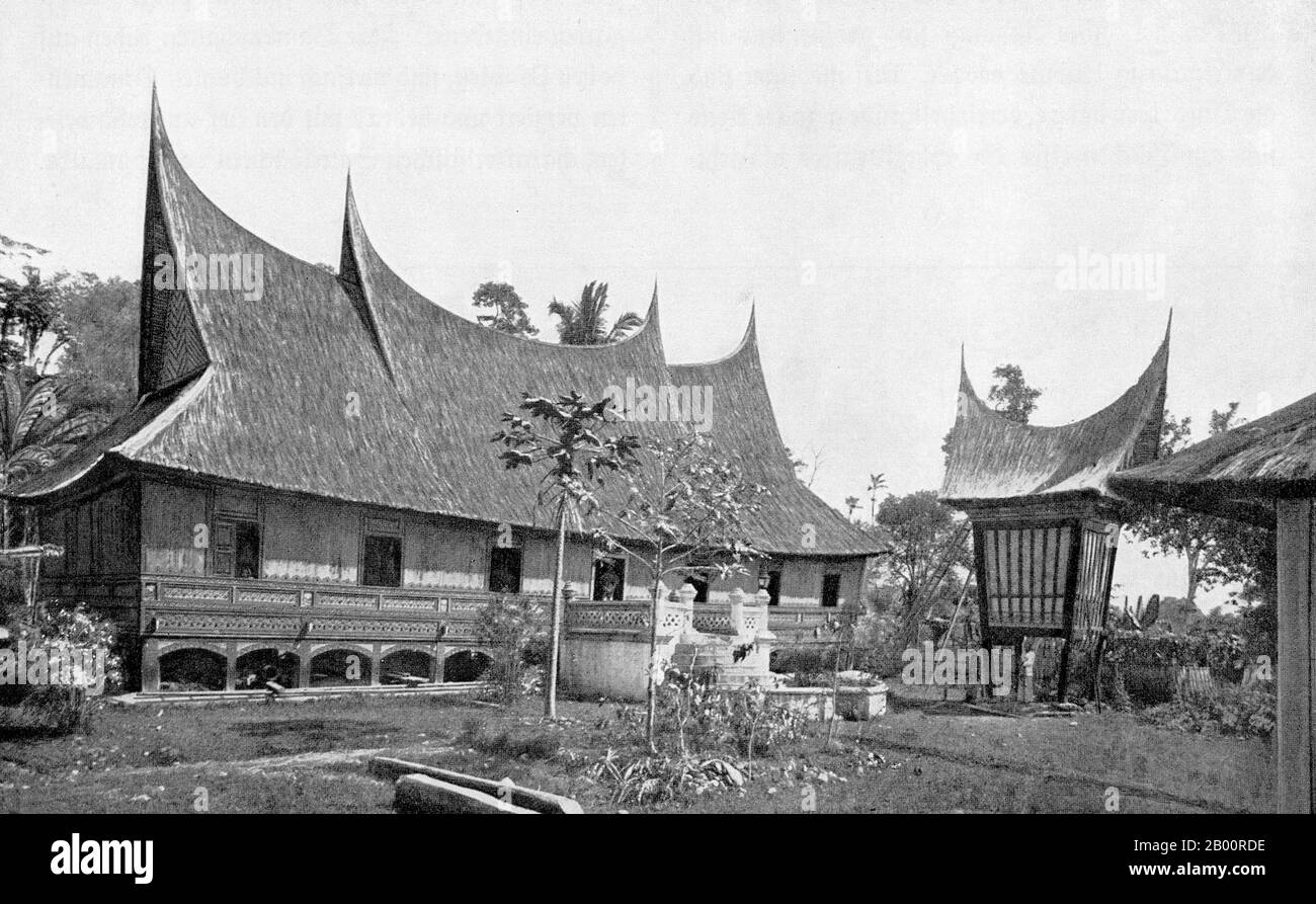 Indonesia/Germany: A family house and rice granary in the Padang uplands of Sumatra. Photograph by Ernst Haeckel (1834-1919), early 20th century.  Ernst Heinrich Philipp August Haeckel (February 16, 1834 – August 9, 1919), also written von Haeckel, was an eminent German biologist, naturalist, philosopher, physician, professor and artist who discovered, described and named thousands of new species, mapped a genealogical tree relating all life forms, and coined many terms in biology, including anthropogeny, ecology, phylum, phylogeny, and the kingdom Protista. Stock Photo