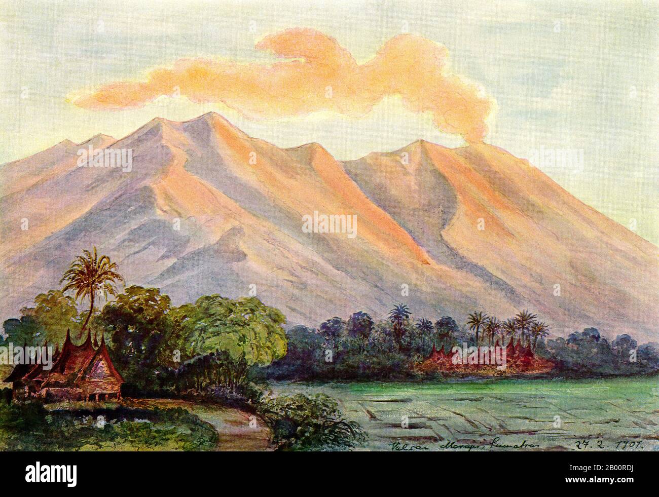 Indonesia/Germany: 'Marapi Volcano in the Padang Highlands, Sumatra'. Watercolour painting by the German scientist and traveller Ernst Haeckel (1834-1919), 1901.  Ernst Heinrich Philipp August Haeckel (February 16, 1834 – August 9, 1919), also written von Haeckel, was an eminent German biologist, naturalist, philosopher, physician, professor and artist who discovered, described and named thousands of new species, mapped a genealogical tree relating all life forms, and coined many terms in biology, including anthropogeny, ecology, phylum, phylogeny, and the kingdom Protista. Stock Photo