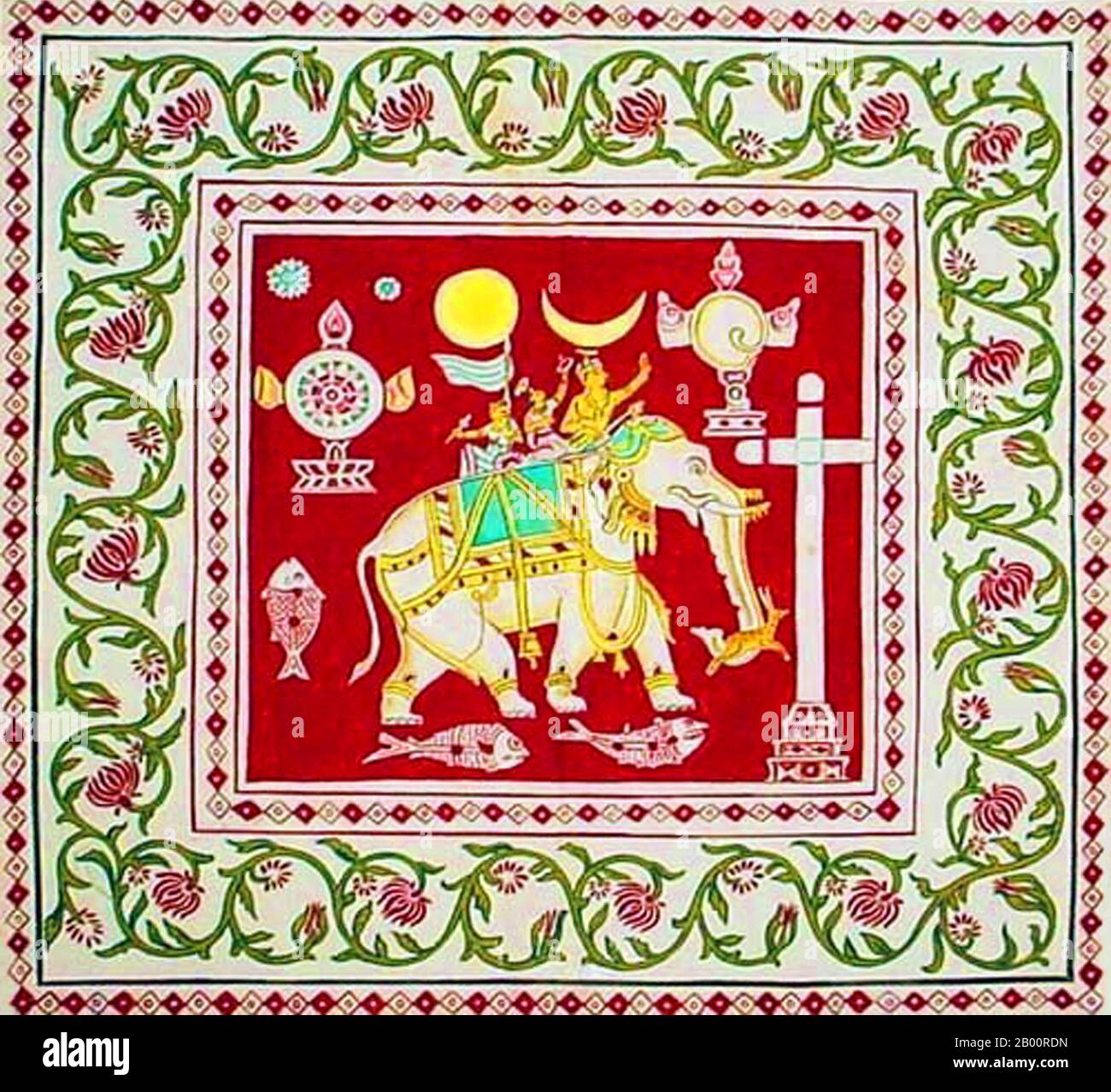 Sri Lanka: Catholic Karava flag, Kingdom of Kotte, 16th century.  This is a flag of the Catholic Karava Sinhalese who became Catholics during the Kotte era. It features a white elephant, a cross, sun, moon and fishes. Stock Photo