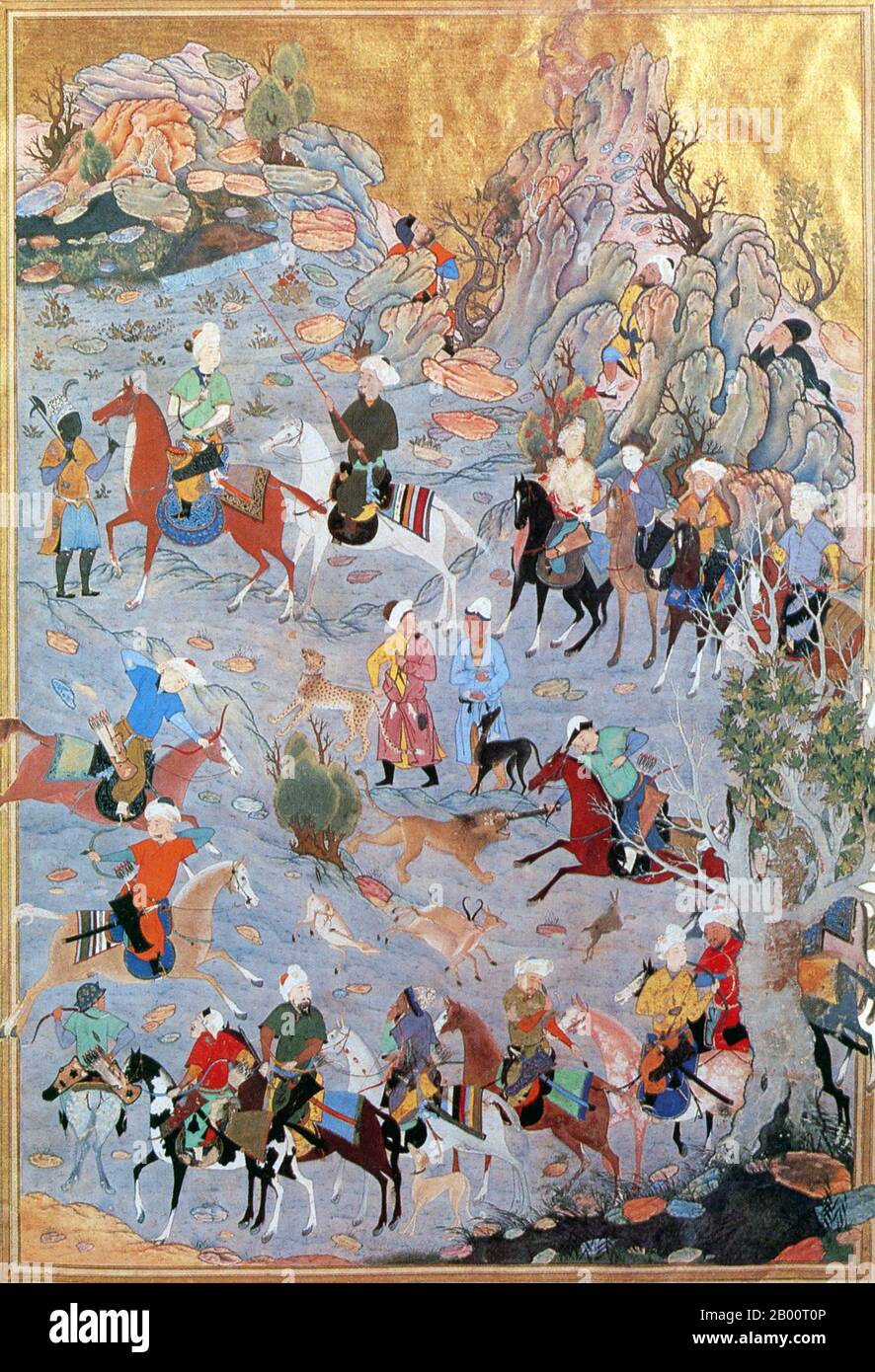 Afghanistan: Late 15th century painting of a hunting scene from the Hast Bahist by Kamal al-Din Bihzad.  Kamal ud-Din Behzad Herawi (c. 1450 - c. 1535), also known as Kamal al-din Bihzad or Kamaleddin Behzad, was a painter of Persian miniatures and head of the royal ateliers in Herat and Tabriz during the late Timurid and early Safavid periods. An orphan, he was raised by the prominent painter Mirak Naqqash, and was a protege of Mir Ali Shir Nava'i. His major patron in Herat was the Timurid sultan Husayn Bayqarah (ruled 1469 - 1506). Stock Photo