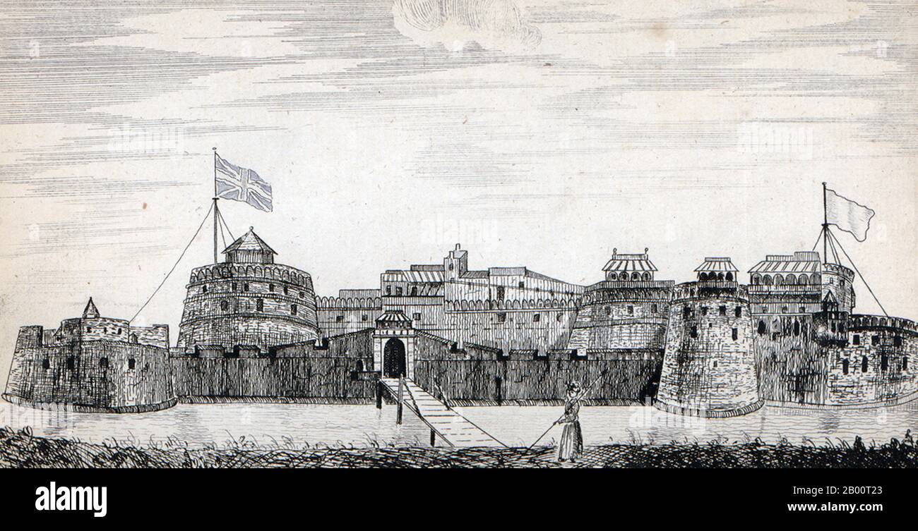 India/UK: 'The East View of Surat Castle'. Illustration by John Henry Grose (fl. 1750-1783), 1722.  'A voyage to the East Indies; containing authentic accounts of the Mogul government in general, the viceroyalties of the Decan and Bengal, with their several subordinate dependencies'. This two-volume work is the third edition of a book first published as a single volume in 1757, expanded to two volumes in 1766, and republished in 1772. The English author, John Henry Grose, went to Bombay (present-day Mumbai) in March 1750, to work as a servant and writer for the British East India Company. Stock Photo
