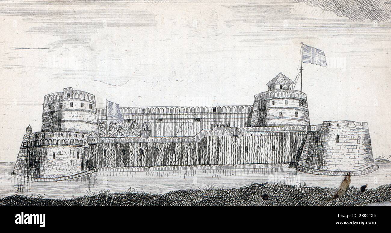 India/UK: 'The South View of Surat Castle'. Illustration by John Henry Grose (fl. 1750-1783), 1722.  'A voyage to the East Indies; containing authentic accounts of the Mogul government in general, the viceroyalties of the Decan and Bengal, with their several subordinate dependencies'. This two-volume work is the third edition of a book first published as a single volume in 1757, expanded to two volumes in 1766, and republished in 1772. The English author, John Henry Grose, went to Bombay (present-day Mumbai) in March 1750, to work as a servant and writer for the British East India Company. Stock Photo