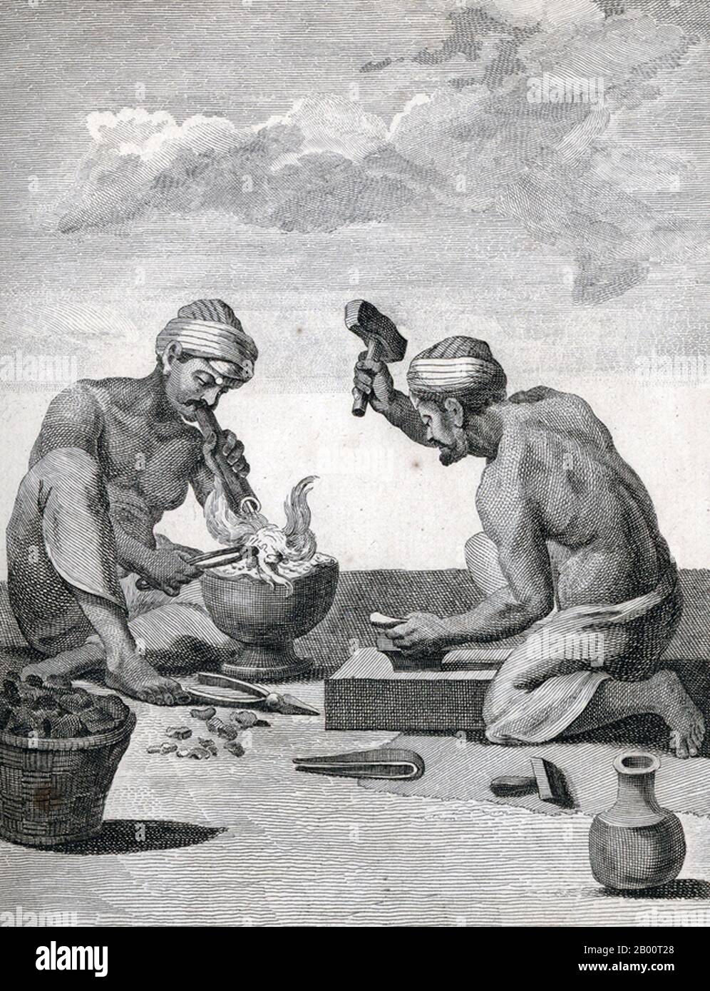 India/France: 'Two Goldsmiths'. Engraving by Pierre Sonnerat (1748-1814), 1782.  Pierre Sonnerat (1748-1814) was a French naturalist and explorer who made several voyages to Southeast Asia between 1769 and 1781. He published this two-volume account of his voyage in 1782.  Volume 1 deals exclusively with India, whose culture Sonnerat very much admired, and is especially noteworthy for its extended discussion of religion in India, Hinduism in particular. Volume 2 covers Sonnerat’s travels to China, Burma, Madagascar, the Maldives, Mauritius, Ceylon, Indonesia and the Philippines. Stock Photo