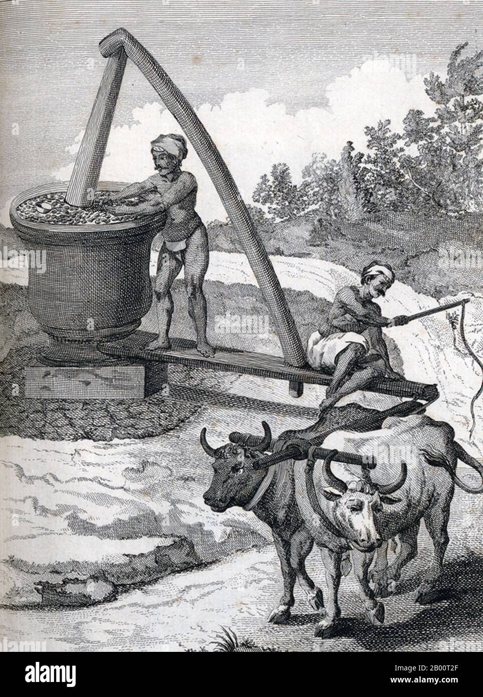 India/France: 'Milling Oil Seed by Ox'. Engraving by Pierre Sonnerat (1748-1814), 1782.  Pierre Sonnerat (1748-1814) was a French naturalist and explorer who made several voyages to Southeast Asia between 1769 and 1781. He published this two-volume account of his voyage in 1782.  Volume 1 deals exclusively with India, whose culture Sonnerat very much admired, and is especially noteworthy for its extended discussion of religion in India, Hinduism in particular. Volume 2 covers Sonnerat’s travels to China, Burma, Madagascar, the Maldives, Mauritius, Ceylon, Indonesia and the Philippines. Stock Photo