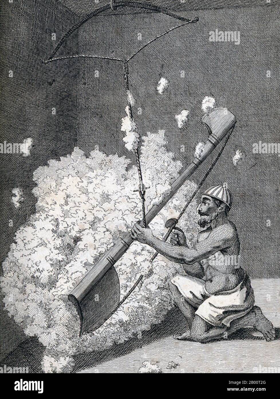 India/France: 'An Chulia (Tamil Muslim) Carding Cotton'. Engraving by Pierre Sonnerat (1748-1814), 1782.  Pierre Sonnerat (1748-1814) was a French naturalist and explorer who made several voyages to Southeast Asia between 1769 and 1781. He published this two-volume account of his voyage in 1782.  Volume 1 deals exclusively with India, whose culture Sonnerat very much admired, and is especially noteworthy for its extended discussion of religion in India, Hinduism in particular. Stock Photo