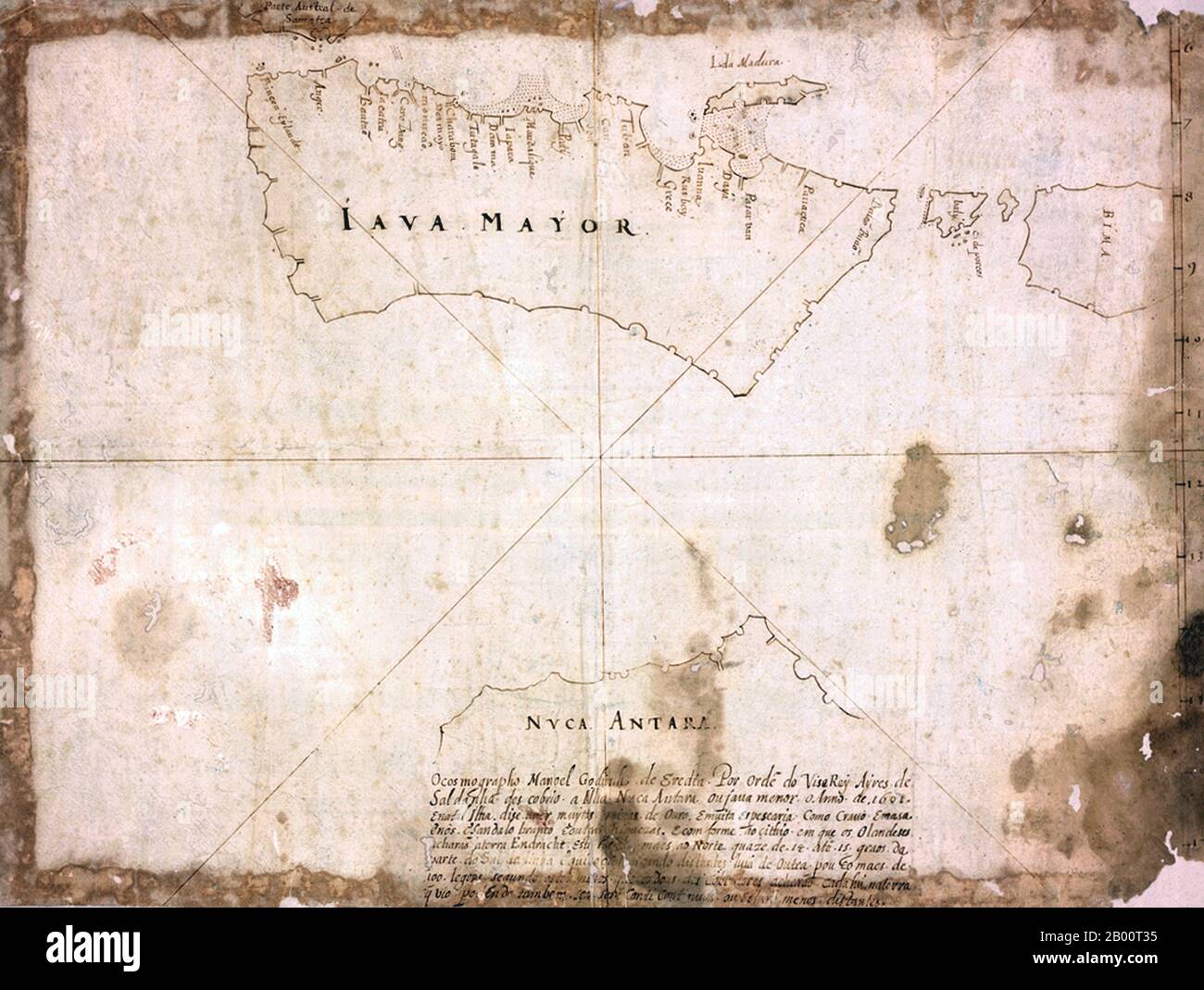 Indonesia: A Malay-Portuguese 16th century chart showing Java in relation to northern Australia.  This manuscript map of Java and the tip of northern Australia is a copy of an earlier work by the Malaysian-Portuguese cartographer Emanuel Godinho de Eredia (1563-1623). In the 16th century, Portugal sent several expeditions to explore the islands south of Malaysia; it is possible that they gained some knowledge about the geography of Australia from these missions. Some scholars have speculated that the Malays had a knowledge of Australia, which Eredia somehow absorbed. Stock Photo