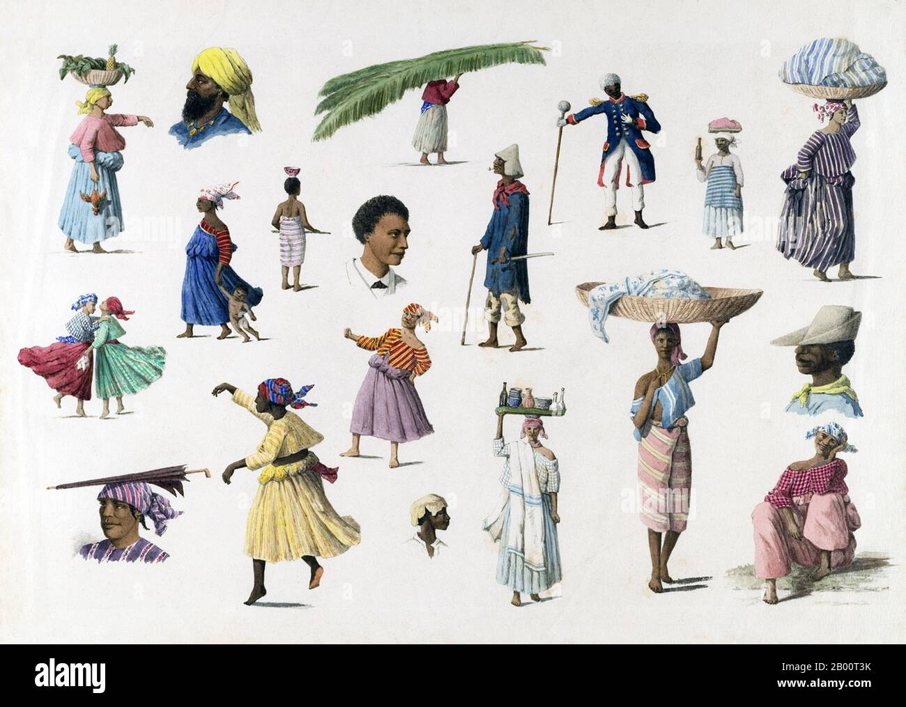 Suriname/Netherlands: Watercolour by Arnold Borret (1848-1888) with small sketches of different members of society and their various ethnic backgrounds in the Dutch colony of Suriname in the1880s.  Arnold Borret was an accomplished amateur artist who was also a lawyer and a Roman Catholic priest. He studied law at the University of Leiden and practiced in Rotterdam before becoming a clerk, in 1878, to the Supreme Court in Paramaribo. He became a priest in 1883, with the intention of working with lepers in Suriname. He died of typhus in 1888. Stock Photo