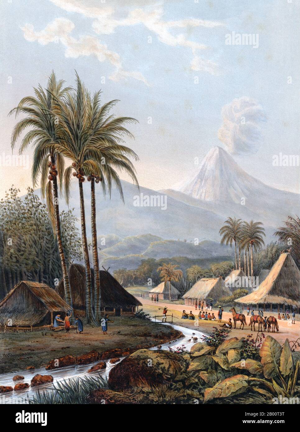 Indonesia: The Volcano Semeru (View from the Pasuruan Residence). Lithograph by Abraham Salm (1801-1876), 1872.  This coloured lithograph shows Smeroe (Semeru), the largest volcano on the island of Java. Also known as Mahameru, or the Great Mountain, the volcano erupted at least once a year during the 19th century, and since 1967 has been in a state of near-constant activity. This view from the town of Pasuruan shows a plume of smoke coming from the top of mountain. The Dutch painter Abraham Salm (1801-1876) spent 29 years in Indonesia, where he produced many dramatic landscape paintings. Stock Photo