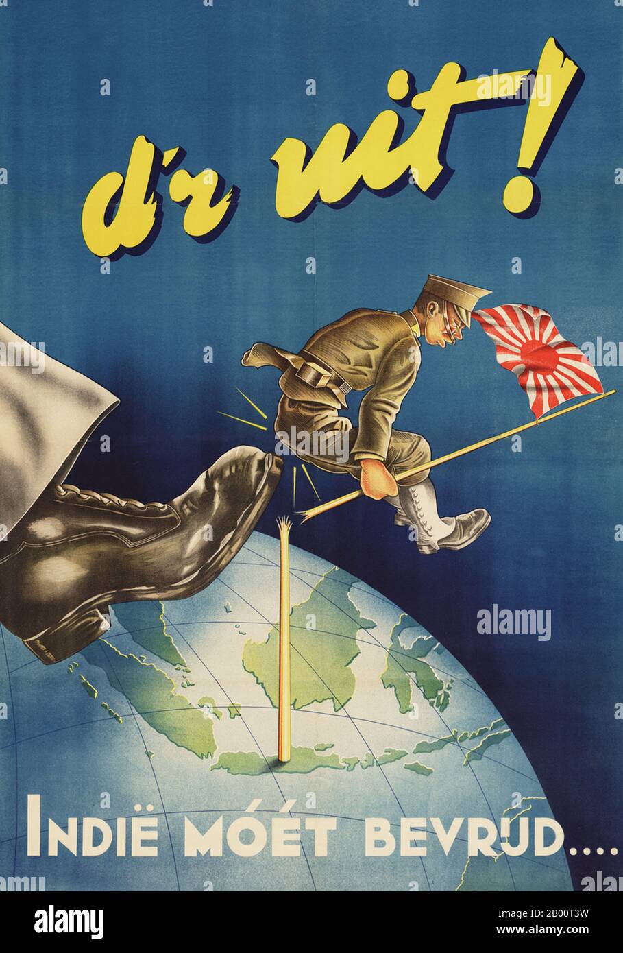 Indonesia/Netherlands: 'Get Out! The Indies Must be Liberated'.  This 1945 recruiting poster by the Dutch artist Nico Broekman shows a Japanese soldier being booted from the island of Java, and the caption, 'Get Out! The Indies Must Be Liberated.' During World War II, Japan occupied the Dutch East Indies in early 1942. After the surrender, a large number of Dutch submarines and some aircraft escaped to Australia and continued to fight as part of Australian units. In the course of the war, Indonesian nationalists supported by the Japanese took over parts of the country. Stock Photo