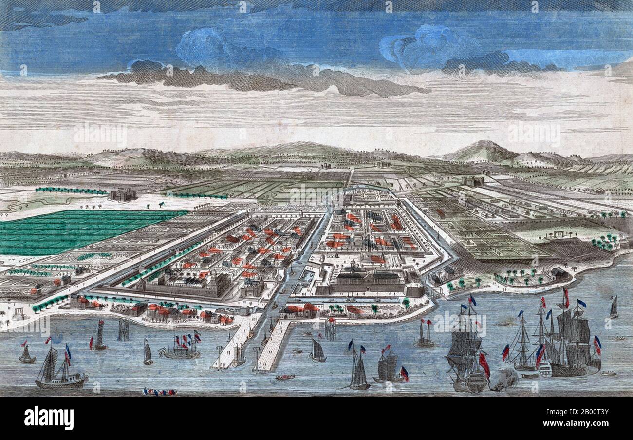 Indonesia: 'View of the Island and the City of Batavia, belonging to the Dutch, for the India Company'. Engraving by Jan Van Ryne (1712-1760), 1754.  This hand-coloured engraving of the Dutch colonial capital of Batavia (present-day Jakarta) was created by Jan Van Ryne in 1754. Van Ryne was born in the Netherlands, but spent most of his working life in London, where he specialized in producing engravings of scenes from the British and Dutch colonies. Located at the mouth of the Ciliwung River, Jakarta was the site of a settlement and port possibly going back as far as the fifth century CE. Stock Photo