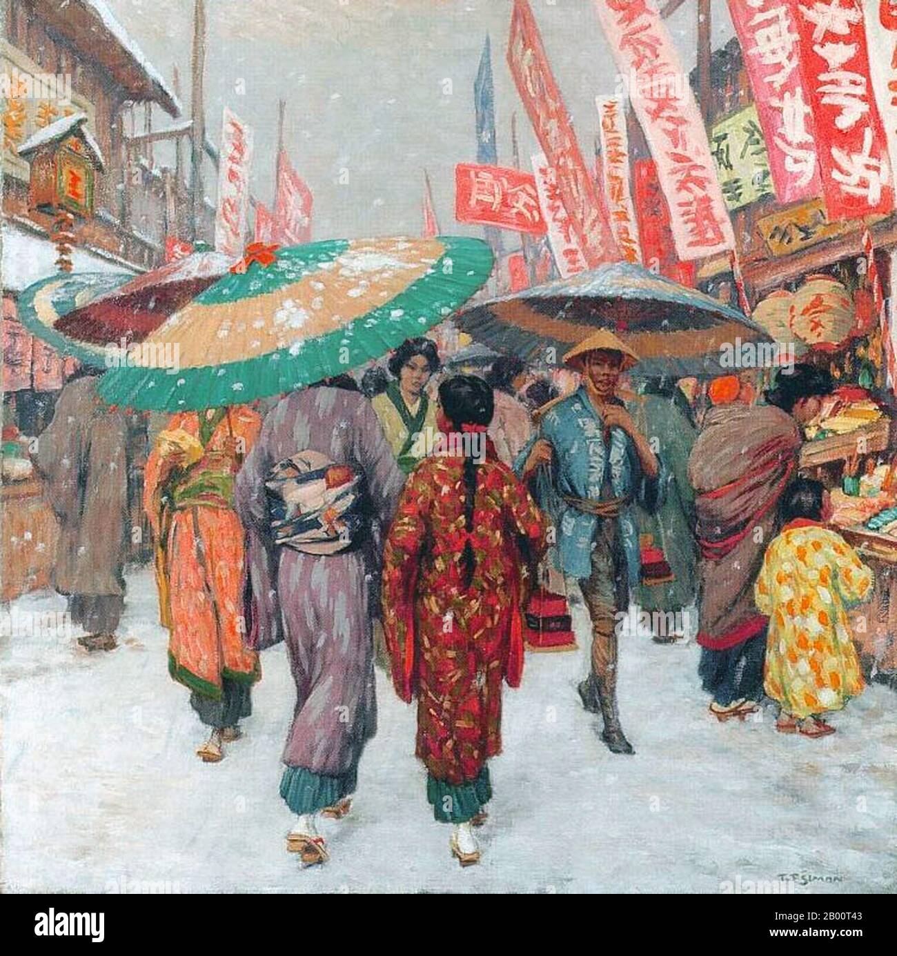 Japan/Czechoslovakia: 'Kyoto Street Scene in Winter'. Painting by T. F. Simon (1877-1942), c. 1928.  Tavik Frantisek Simon (1877–1942), was a Czech painter, etcher, and woodcut artist. Although based mainly in Europe, his extensive travels took him to Morocco, Ceylon (now Sri Lanka), India, and Japan, images of all of which appear in his  artistic work. He died in Prague in 1942. Largely ignored during the Communist era in Czechoslovakia, his work has received greater attention in recent years. Stock Photo