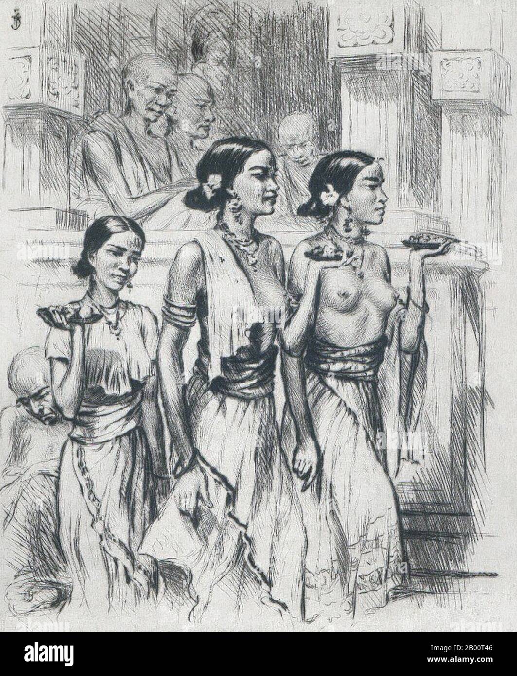 Sri Lanka/Czechoslovakia: 'At the Entrance to the Temple of the Tooth, Kandy'. Illustration by T. F. Simon (1877-1942), c. 1928.  Tavik Frantisek Simon (1877–1942), was a Czech painter, etcher, and woodcut artist. Although based mainly in Europe, his extensive travels took him to Morocco, Ceylon (now Sri Lanka), India, and Japan, images of all of which appear in his  artistic work. He died in Prague in 1942. Largely ignored during the Communist era in Czechoslovakia, his work has received greater attention in recent years. Stock Photo
