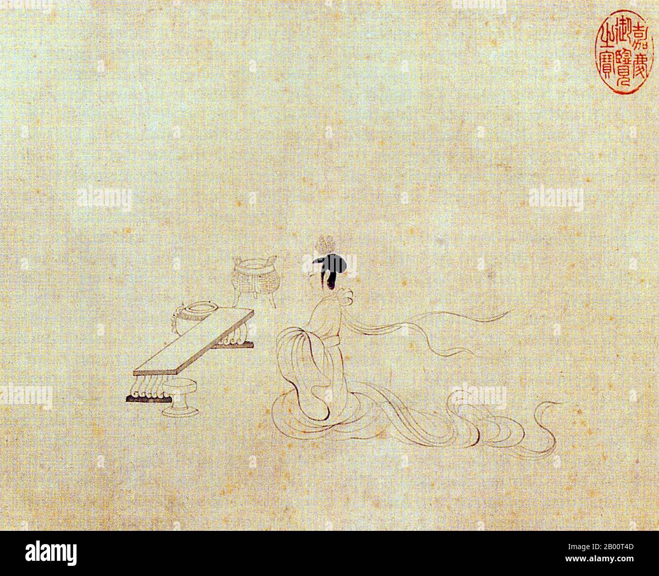 China: The Admonitions Scroll, Scene 2 - Lady Fan (Beijing Palace Museum copy).  The Admonitions Scroll is a Chinese narrative painting on silk that is traditionally ascribed to Gu Kaizhi  (c.345-c.406 CE), but which modern scholarship regards as a 5th to 8th century work that may be a copy of an original Jin Dynasty (265–420 CE) court painting by Gu Kaizhi. The full title of the painting is Admonitions of the Court Instructress (Chinese: Nushi Zhentu). It was painted to illustrate a poetic text written in 292 by the poet-official Zhang Hua (232–300). Stock Photo