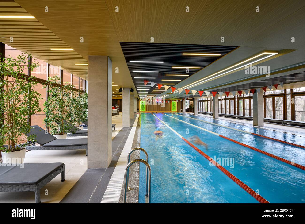 Luxury sportive indoor swimming pool with lanes interior Stock Photo