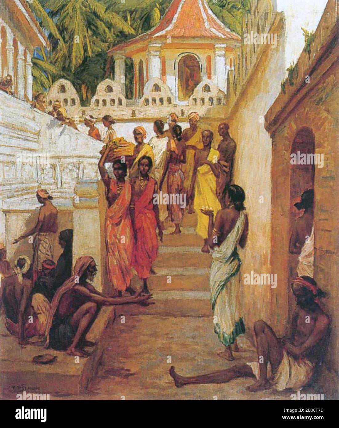 Sri Lanka/Czechoslovakia: 'Sinhalese on the Steps of the Temple of the Tooth, Kandy'. Painting by T. F. Simon (1877-1942), c. 1928.  Tavik Frantisek Simon (1877–1942), was a Czech painter, etcher, and woodcut artist. Although based mainly in Europe, his extensive travels took him to Morocco, Ceylon (now Sri Lanka), India, and Japan, images of all of which appear in his  artistic work. He died in Prague in 1942. Largely ignored during the Communist era in Czechoslovakia, his work has received greater attention in recent years. Stock Photo