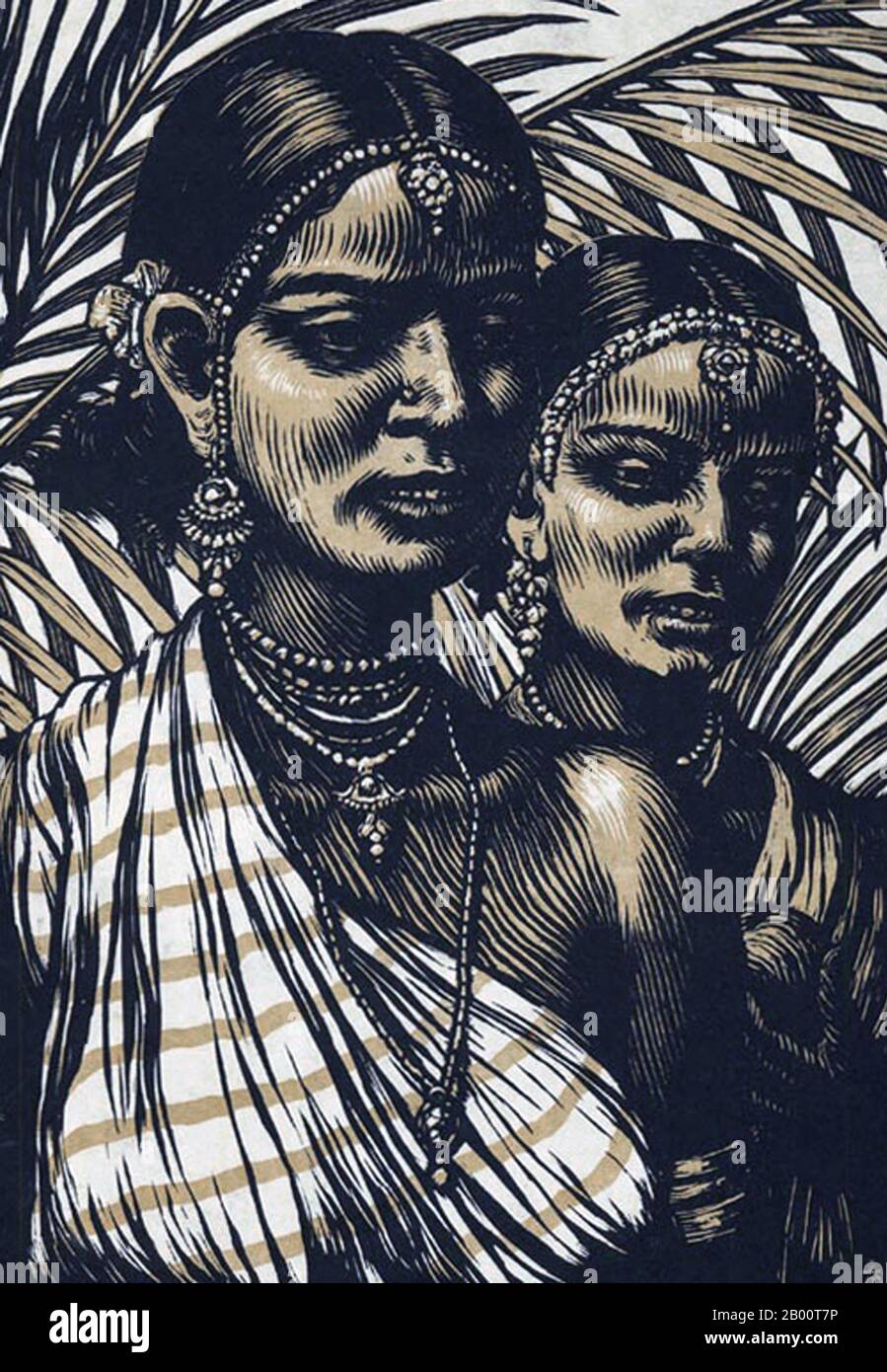 Sri Lanka/Czechoslovakia: 'Portrait of Two Sinhalese Women'. Illustration by T. F. Simon (1877-1942), c. 1928.  Tavik Frantisek Simon (1877–1942), was a Czech painter, etcher, and woodcut artist. Although based mainly in Europe, his extensive travels took him to Morocco, Ceylon (now Sri Lanka), India, and Japan, images of all of which appear in his  artistic work. He died in Prague in 1942. Largely ignored during the Communist era in Czechoslovakia, his work has received greater attention in recent years. Stock Photo