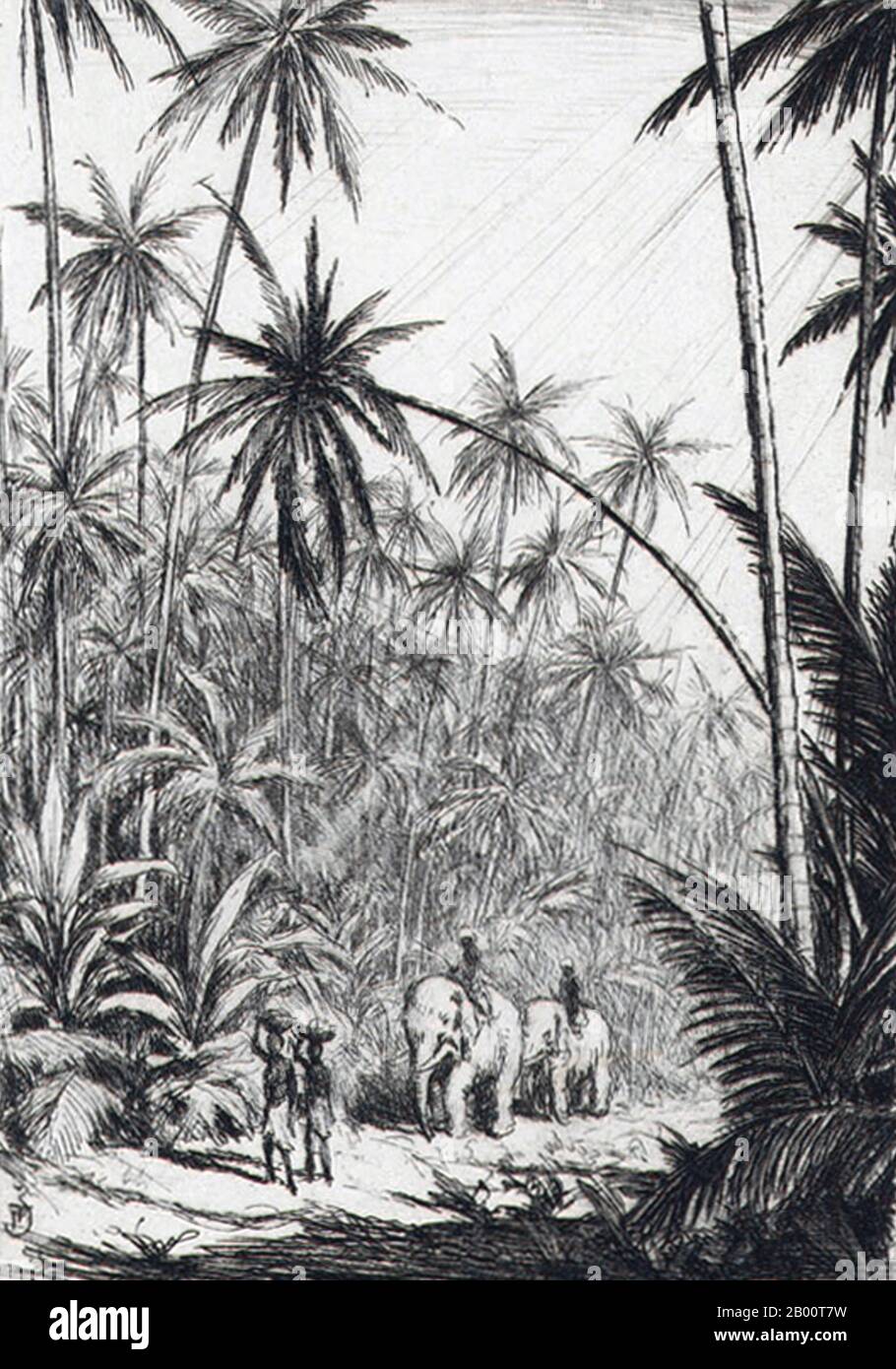 Sri Lanka/Czechoslovakia: 'Elephant Riders Passing through Coconut Plantations in the Rain'. Drawing by T. F. Simon (1877-1942), c. 1928.  Tavik Frantisek Simon (1877–1942), was a Czech painter, etcher, and woodcut artist. Although based mainly in Europe, his extensive travels took him to Morocco, Ceylon (now Sri Lanka), India, and Japan, images of all of which appear in his  artistic work. He died in Prague in 1942. Largely ignored during the Communist era in Czechoslovakia, his work has received greater attention in recent years. Stock Photo