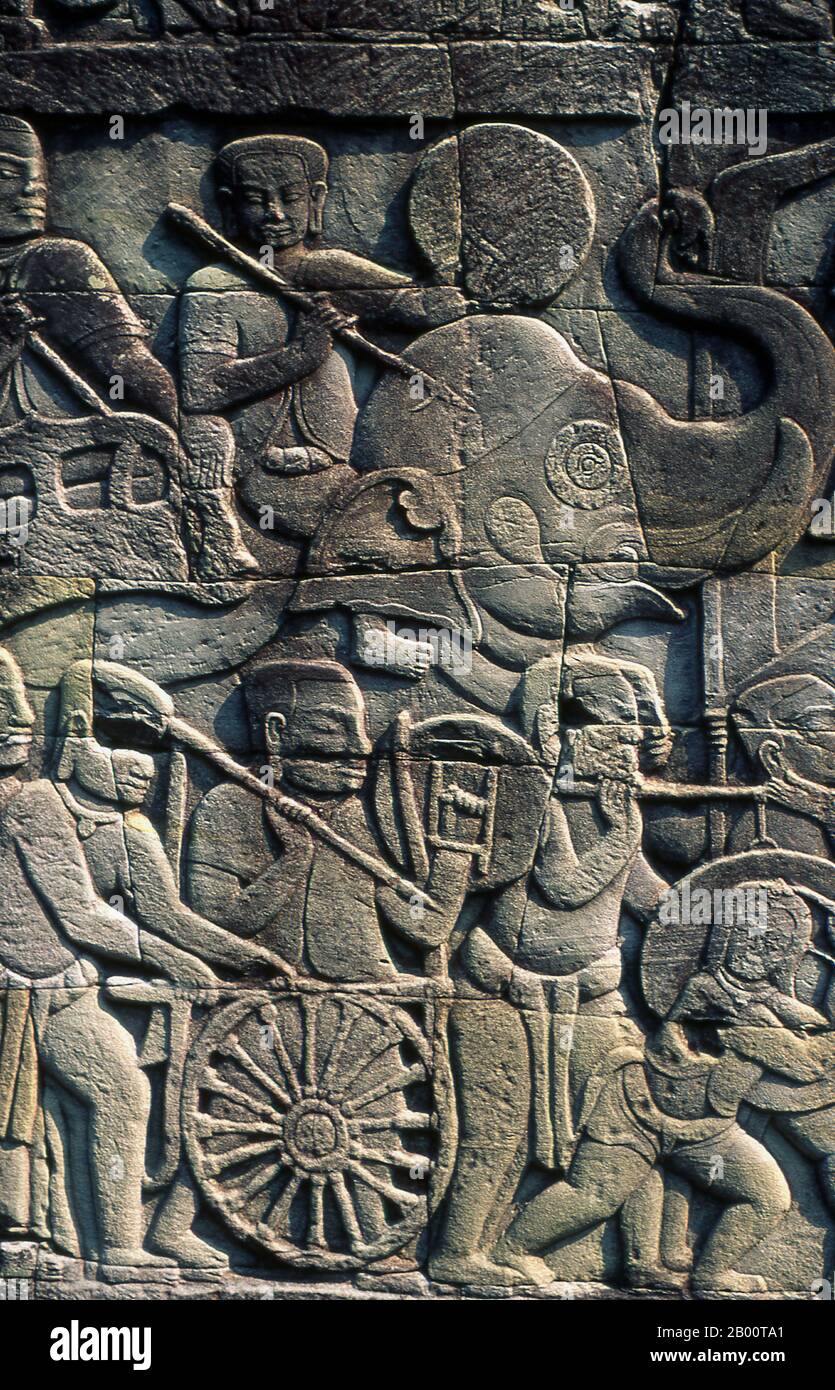 Cambodia Khmer warriors and war elephant, basrelief, The Bayon